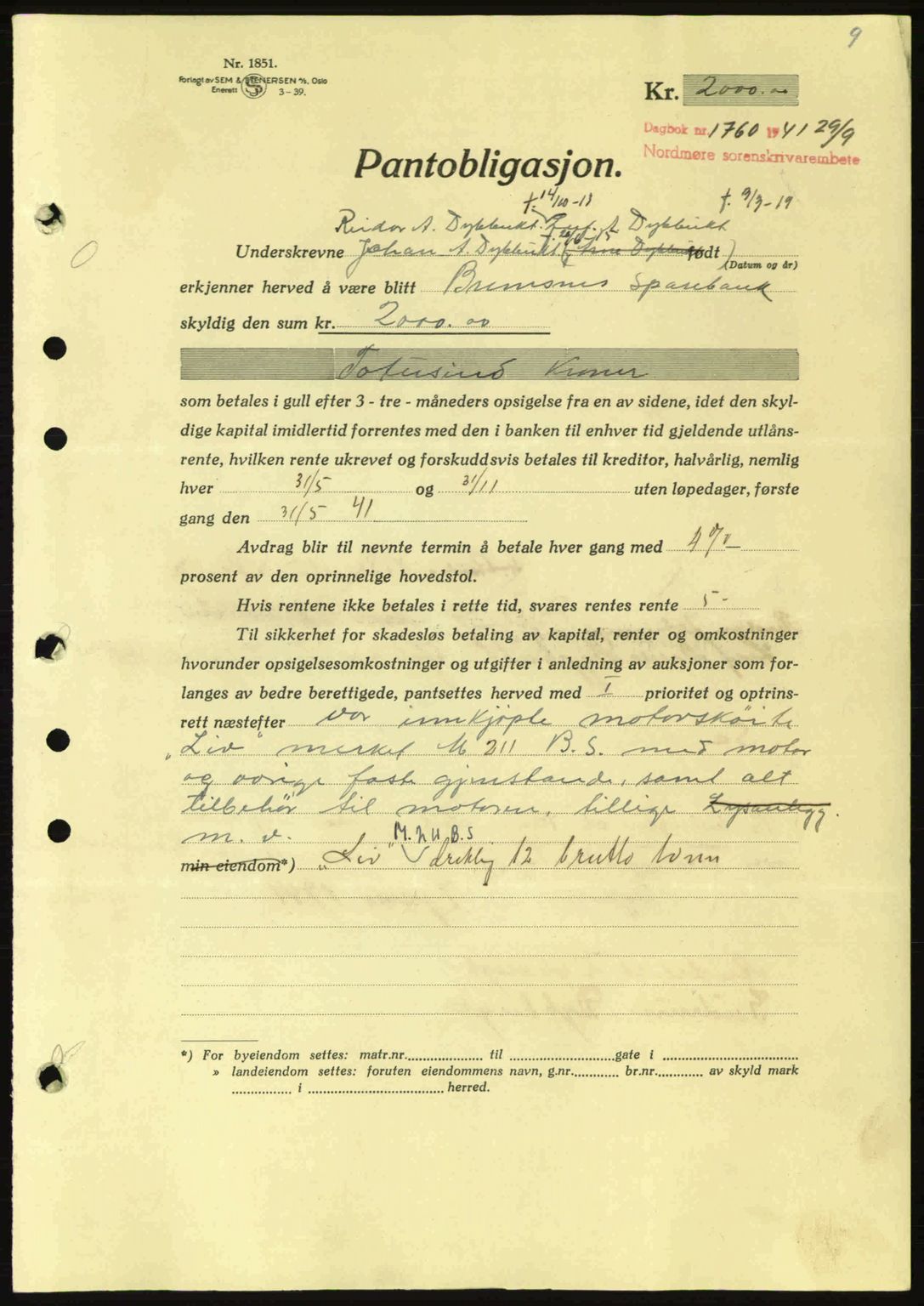 Nordmøre sorenskriveri, AV/SAT-A-4132/1/2/2Ca: Mortgage book no. B88, 1941-1942, Diary no: : 1760/1941