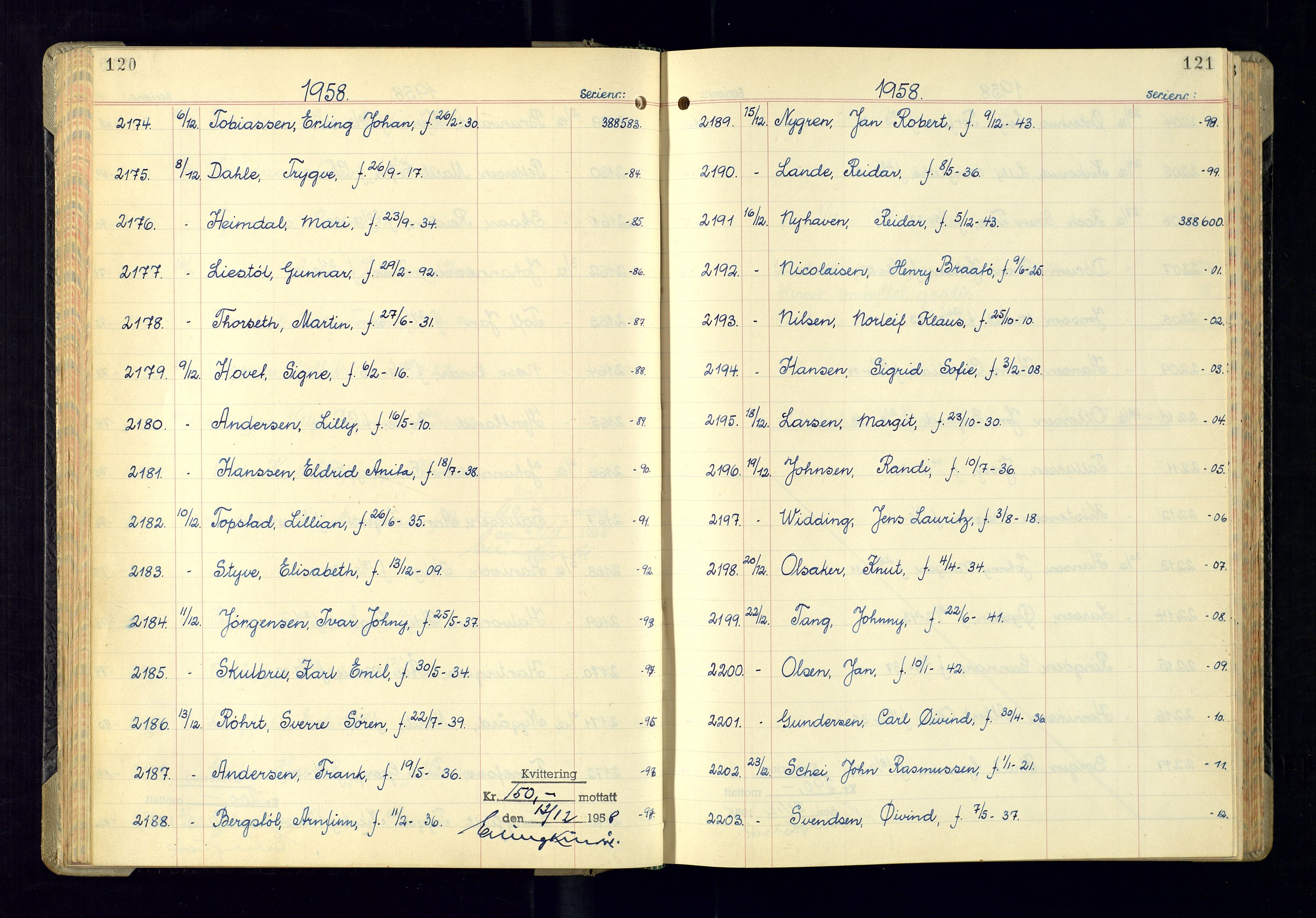 Kristiansand politikammer - 2, AV/SAK-1243-0009/K/Ka/Kaa/L0614: Passprotokoll, liste med løpenumre, 1958-1962, p. 120-121