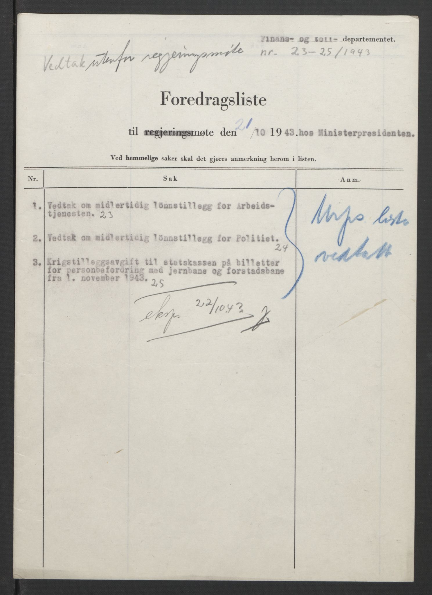 NS-administrasjonen 1940-1945 (Statsrådsekretariatet, de kommisariske statsråder mm), RA/S-4279/D/Db/L0090: Foredrag til vedtak utenfor ministermøte, 1942-1945, p. 92