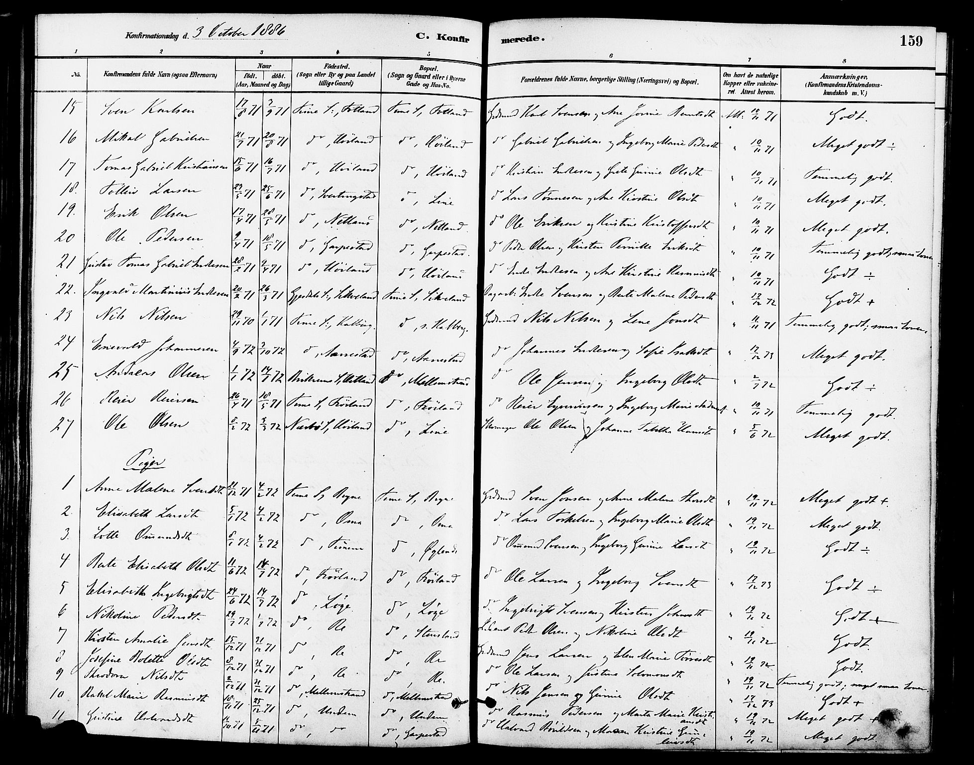 Lye sokneprestkontor, AV/SAST-A-101794/001/30BA/L0009: Parish register (official) no. A 8, 1881-1892, p. 159