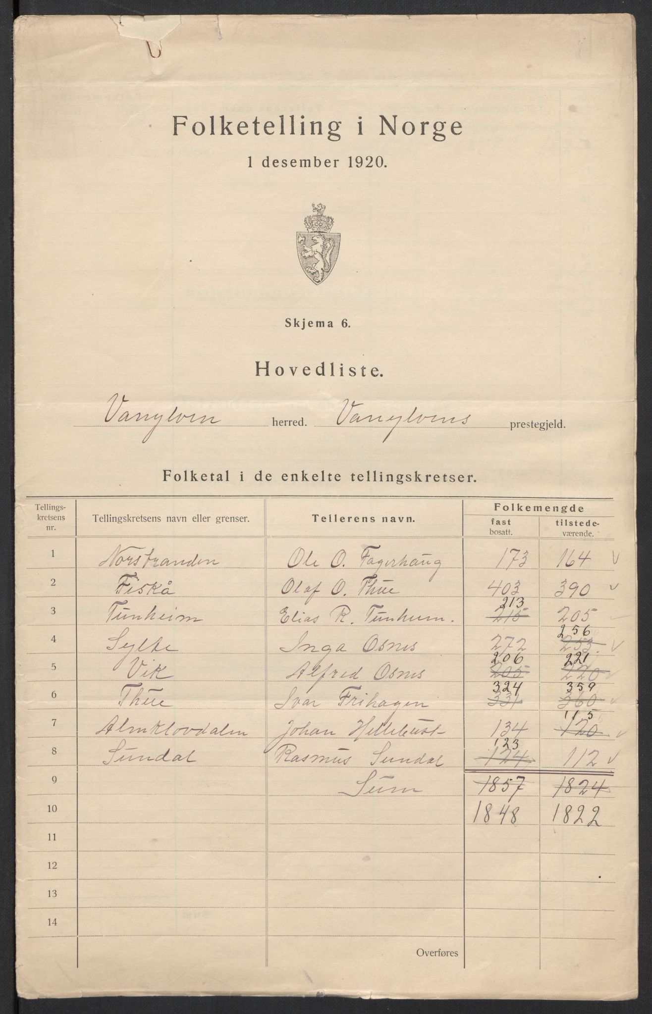 SAT, 1920 census for Vanylven, 1920, p. 2