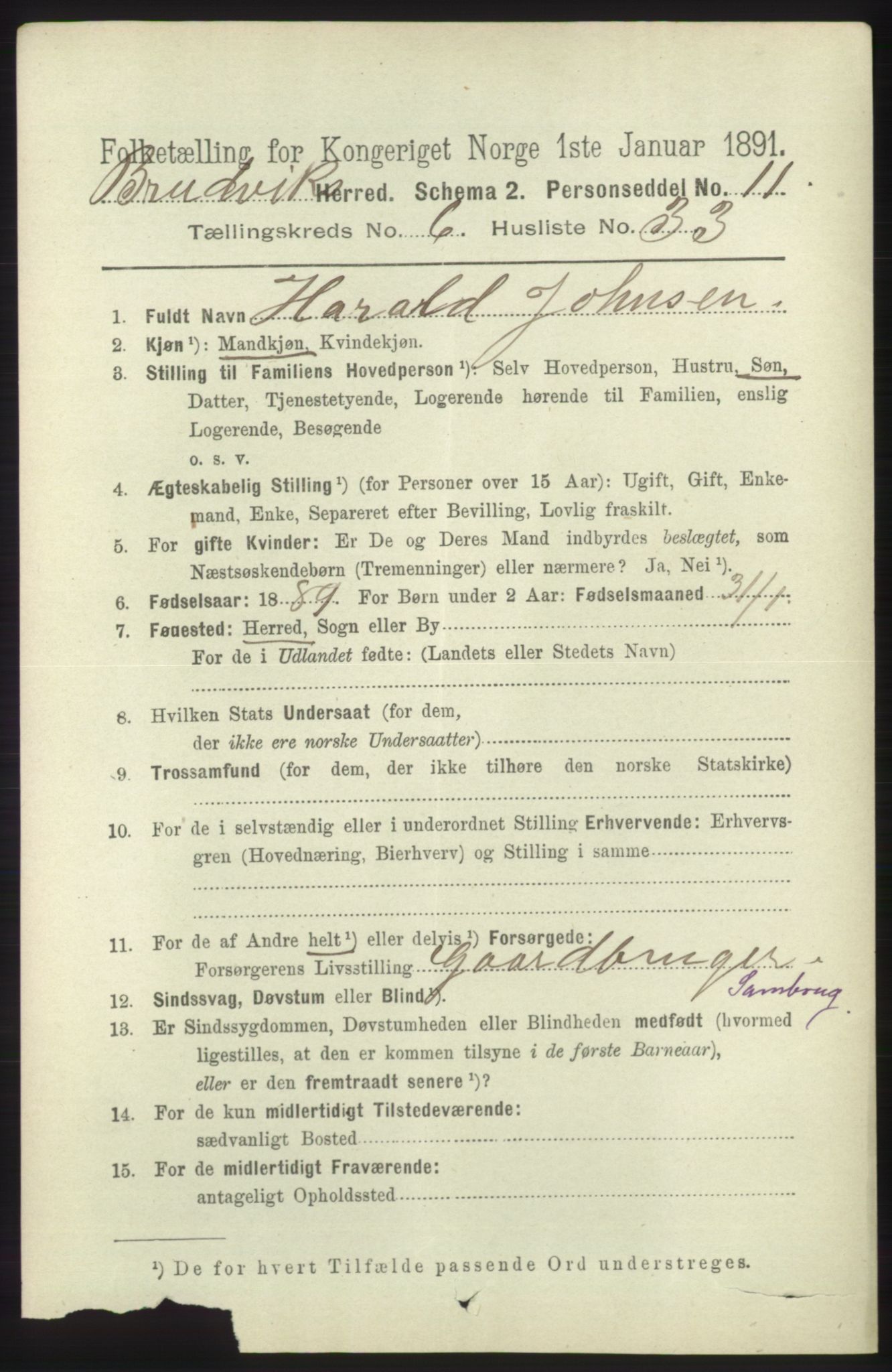 RA, 1891 census for 1251 Bruvik, 1891, p. 2011