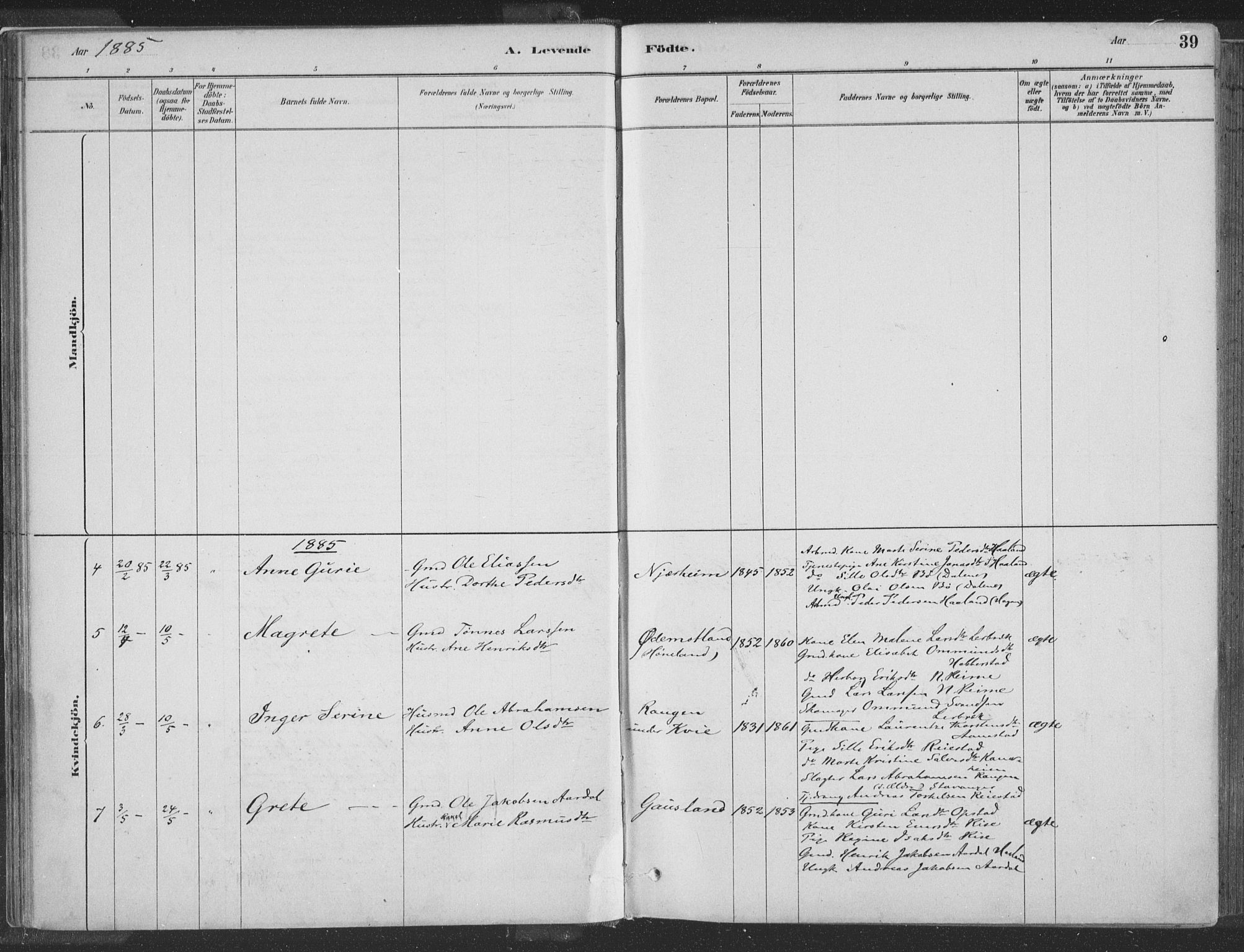 Hå sokneprestkontor, SAST/A-101801/001/30BA/L0010: Parish register (official) no. A 9, 1879-1896, p. 39