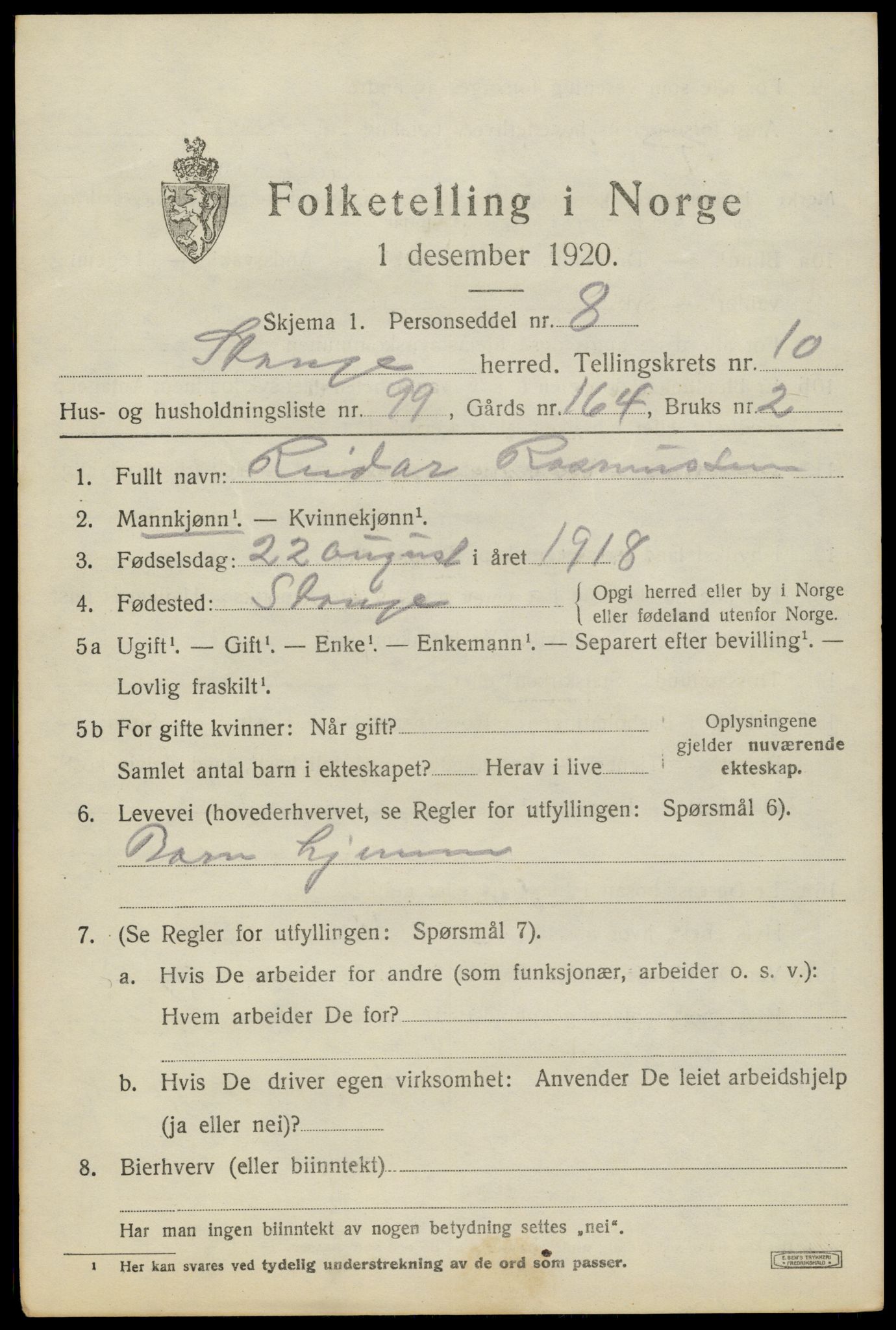 SAH, 1920 census for Stange, 1920, p. 16839