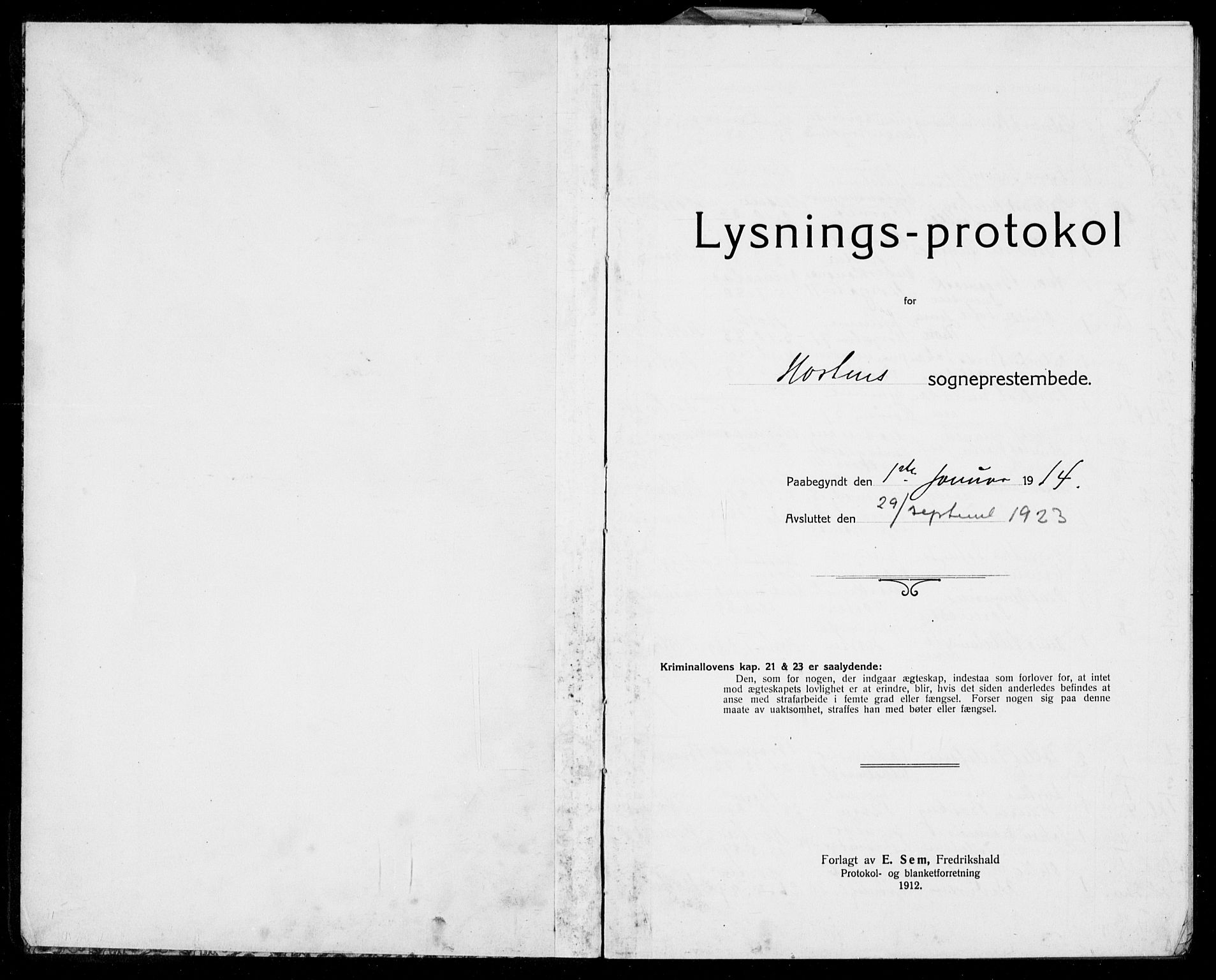 Horten kirkebøker, AV/SAKO-A-348/H/Ha/L0005: Banns register no. 5, 1914-1923