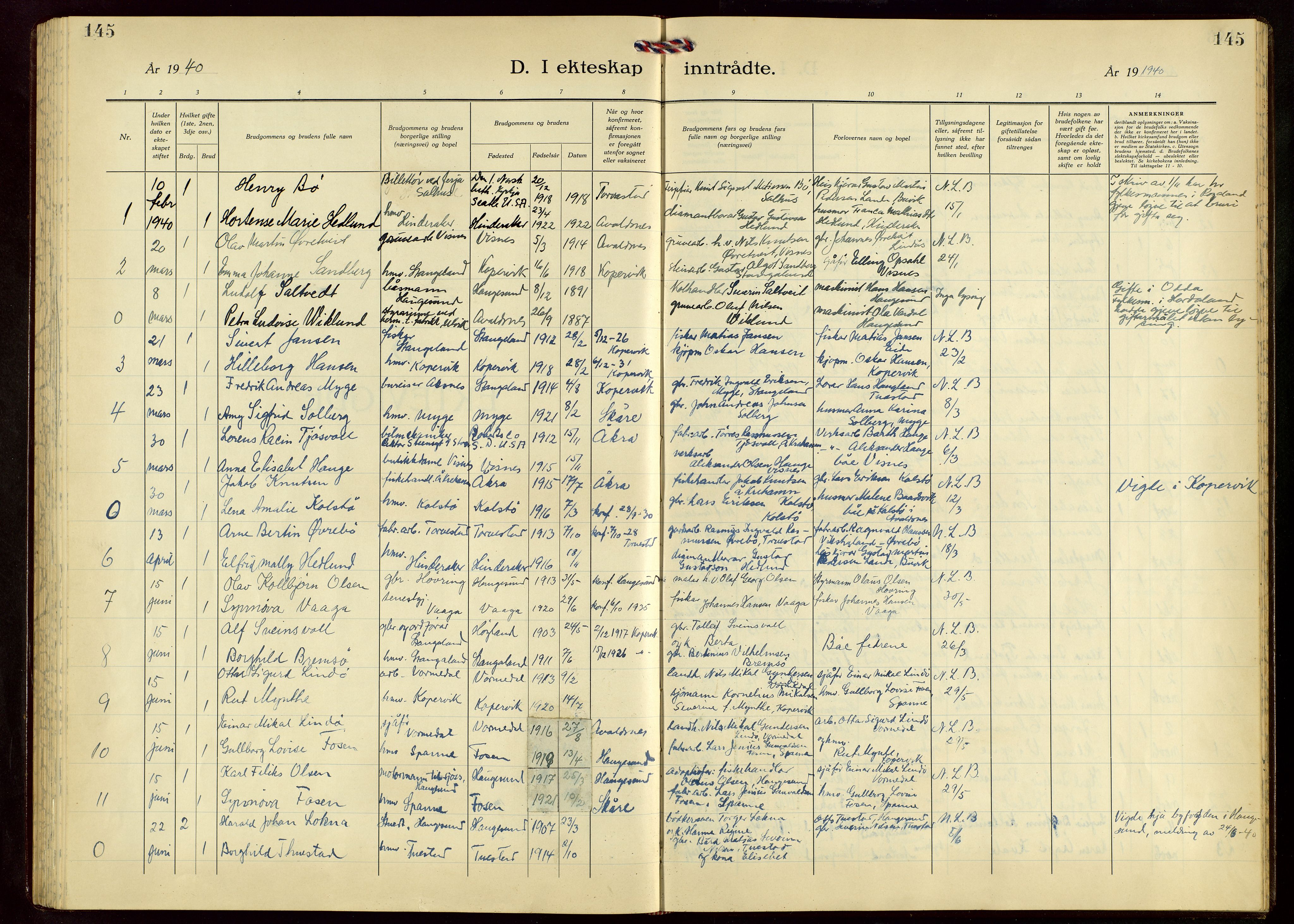 Avaldsnes sokneprestkontor, SAST/A -101851/H/Ha/Hab/L0009: Parish register (copy) no. B 9, 1940-1958, p. 145