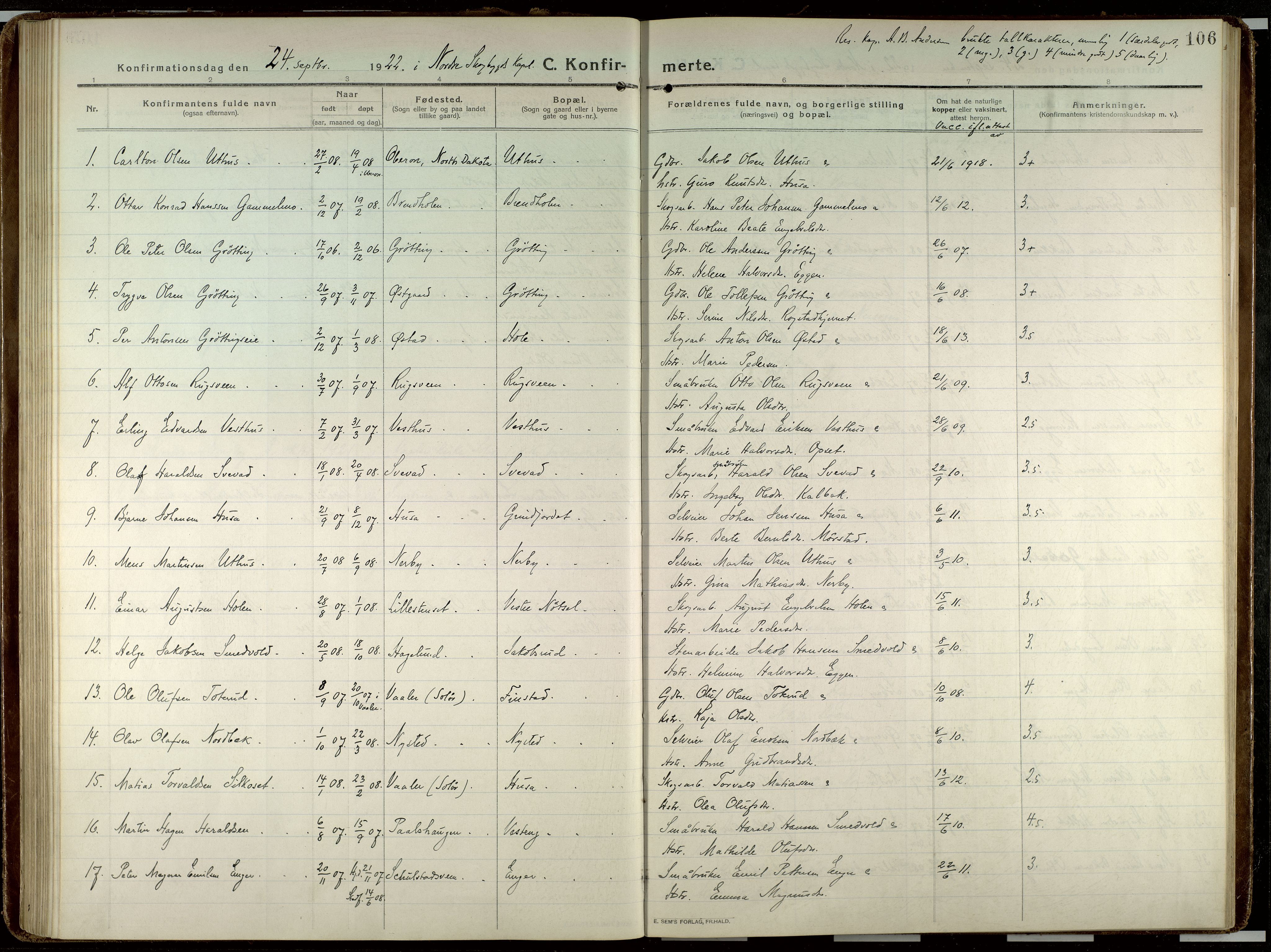 Elverum prestekontor, AV/SAH-PREST-044/H/Ha/Haa/L0023: Parish register (official) no. 23, 1914-1929, p. 106