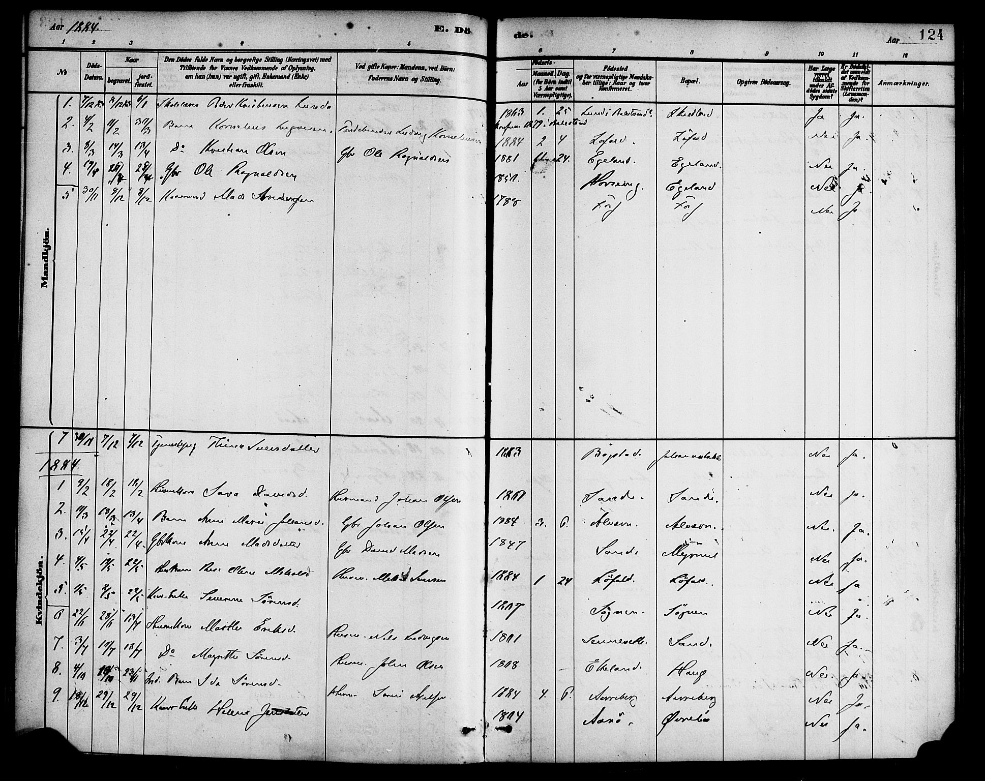 Gaular sokneprestembete, SAB/A-80001/H/Haa: Parish register (official) no. B 1, 1882-1897, p. 124