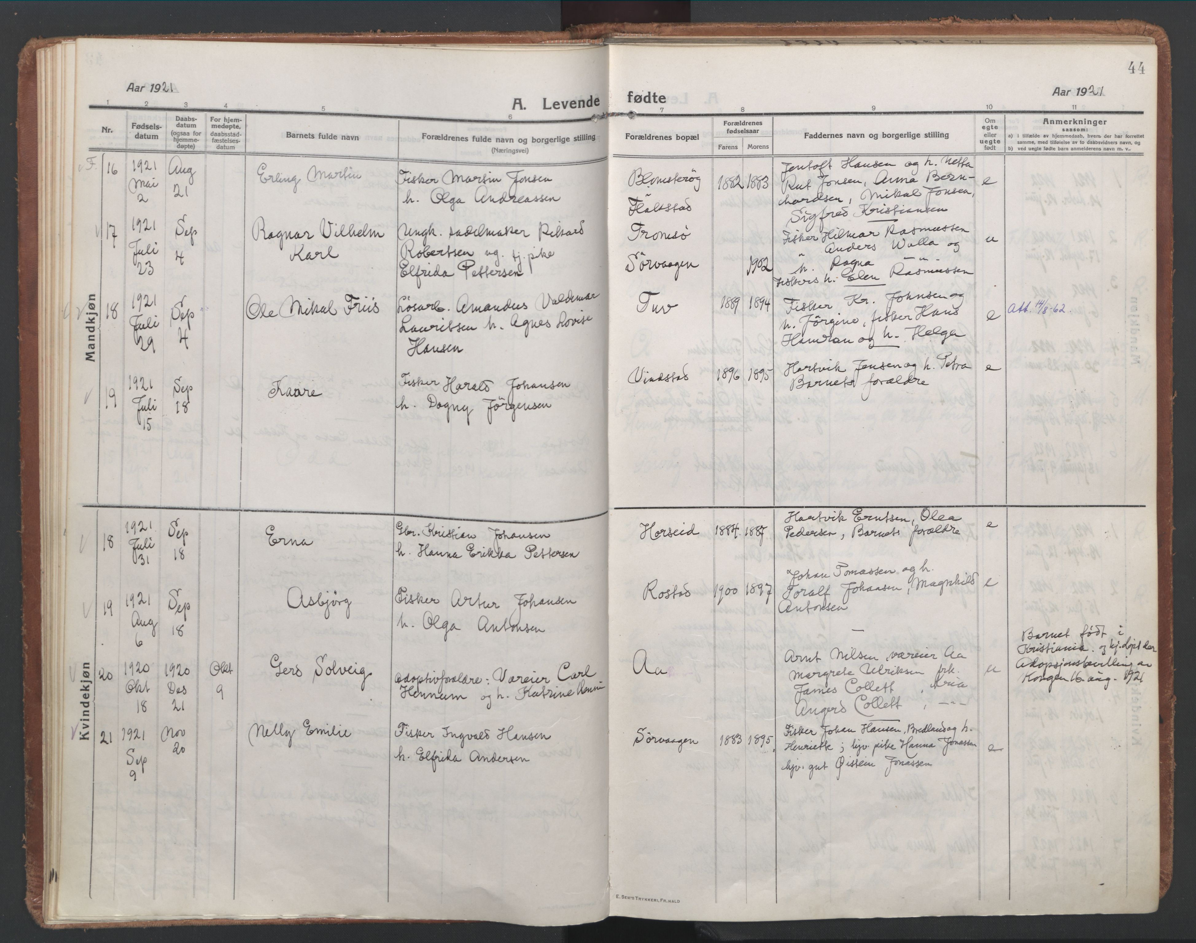 Ministerialprotokoller, klokkerbøker og fødselsregistre - Nordland, SAT/A-1459/886/L1222: Parish register (official) no. 886A04, 1914-1926, p. 44