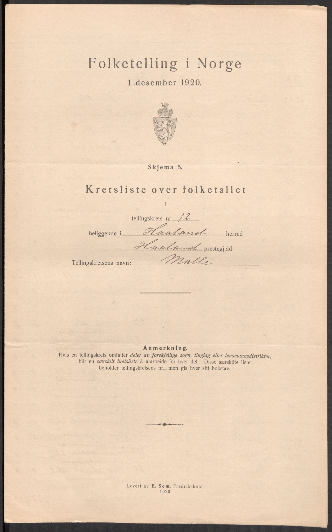 SAST, 1920 census for Håland, 1920, p. 42