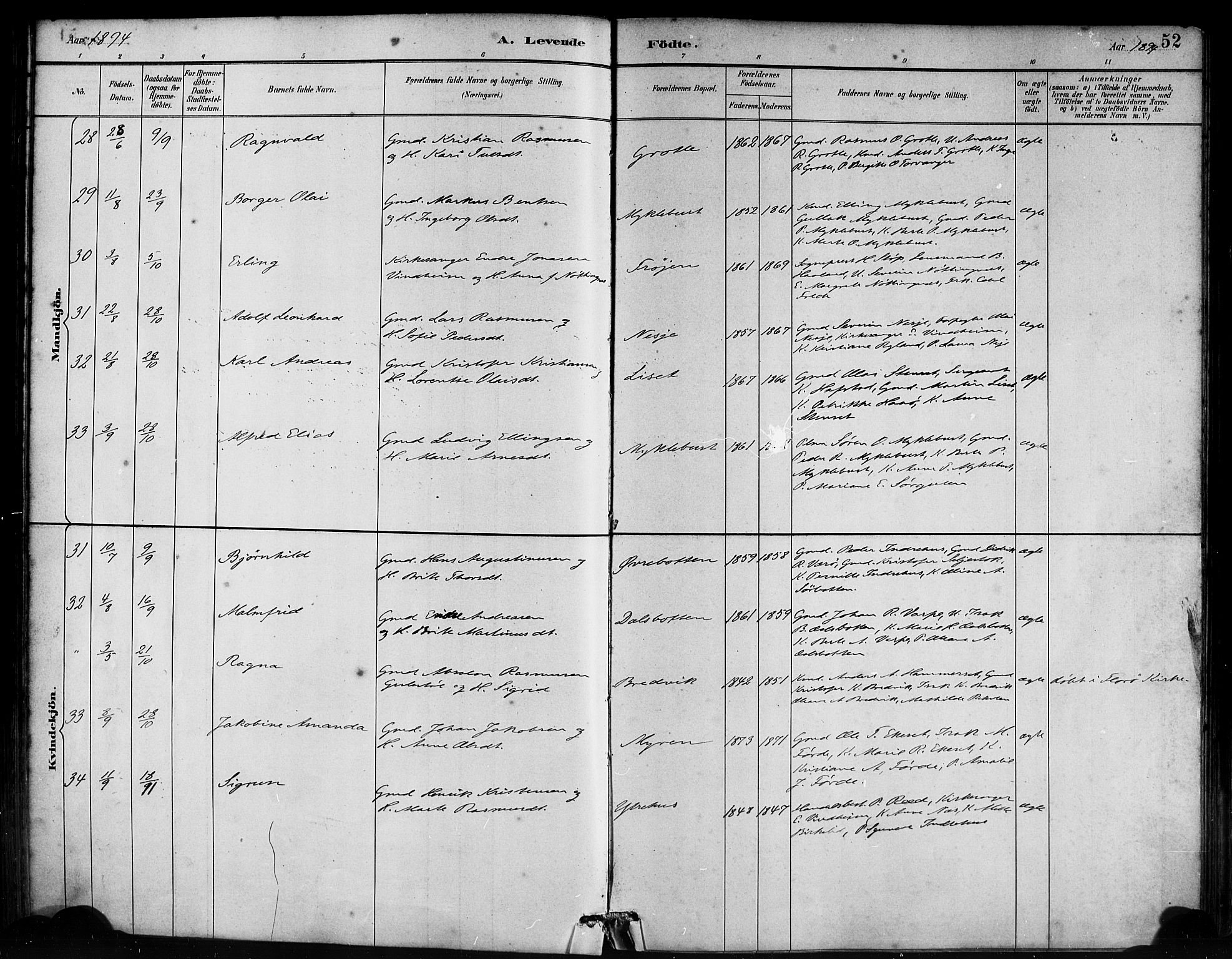 Bremanger sokneprestembete, AV/SAB-A-82201/H/Haa/Haab/L0001: Parish register (official) no. B 1, 1884-1895, p. 52