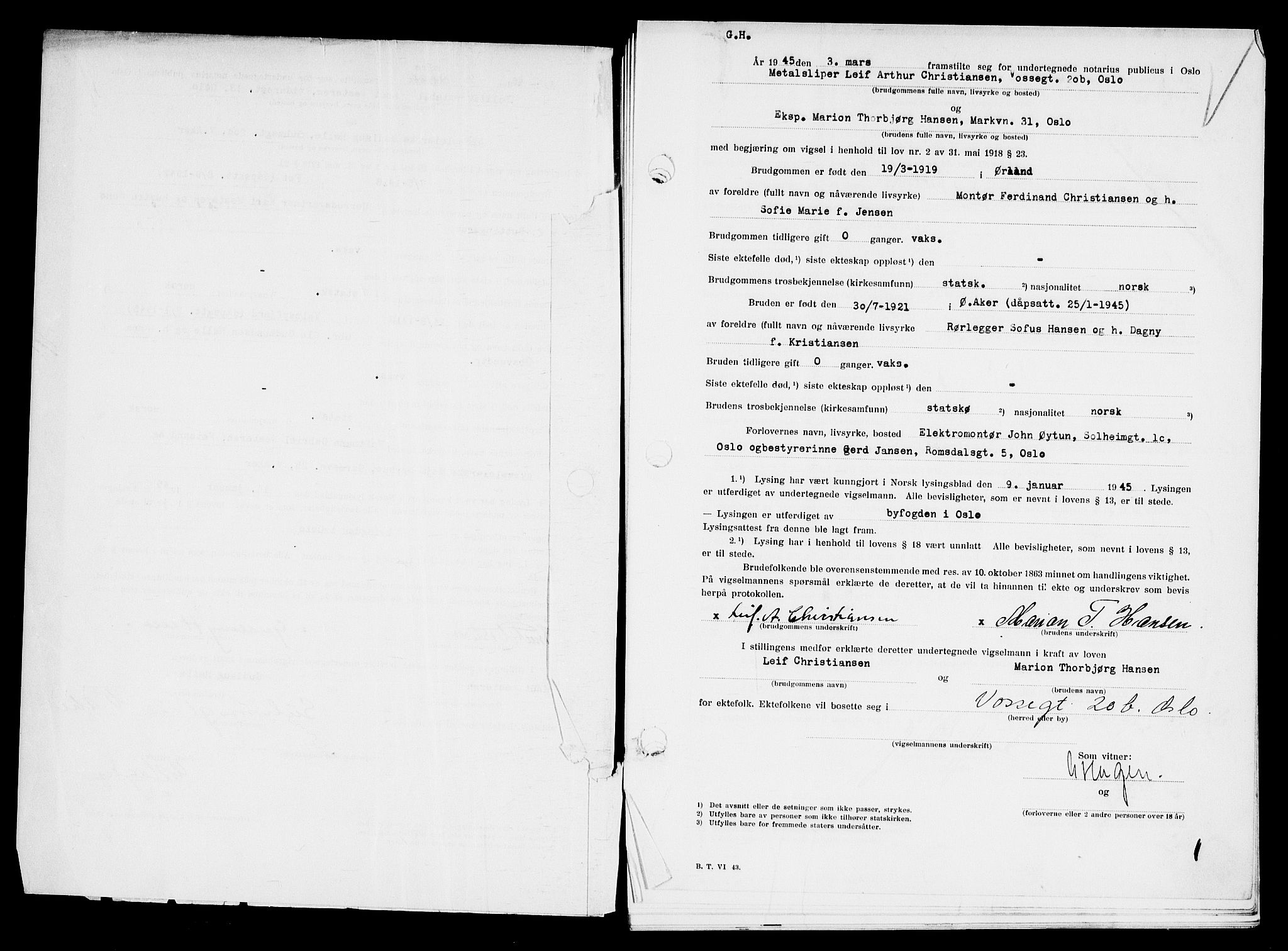 Oslo byfogd avd. I, AV/SAO-A-10220/L/Lb/Lbb/L0053: Notarialprotokoll, rekke II: Vigsler, 1945