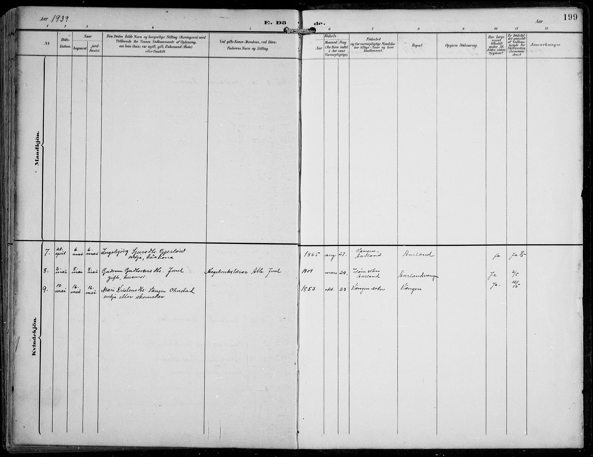 Aurland sokneprestembete, SAB/A-99937/H/Hb/Hba/L0003: Parish register (copy) no. A 3, 1896-1939, p. 199