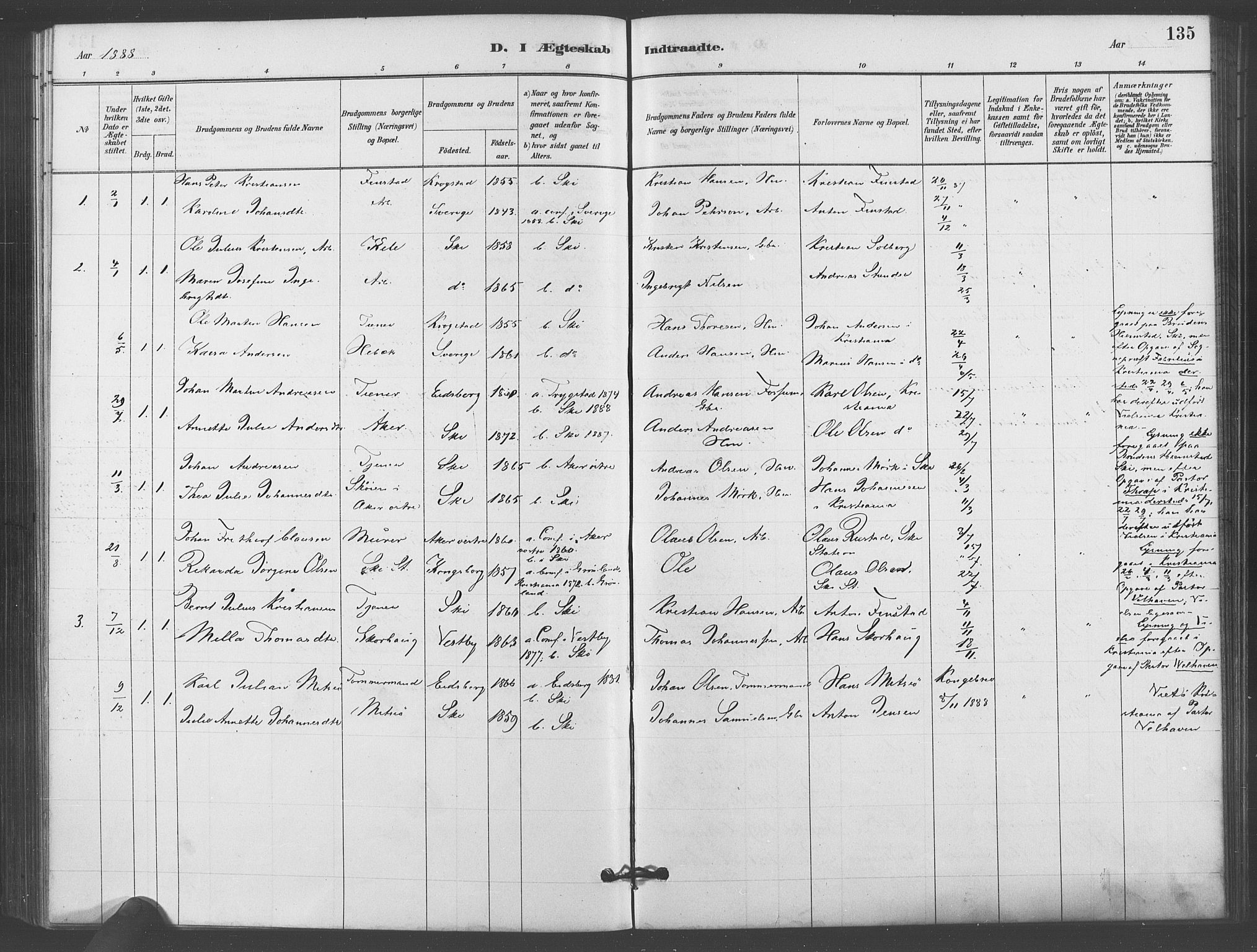 Kråkstad prestekontor Kirkebøker, SAO/A-10125a/F/Fb/L0001: Parish register (official) no. II 1, 1880-1892, p. 135