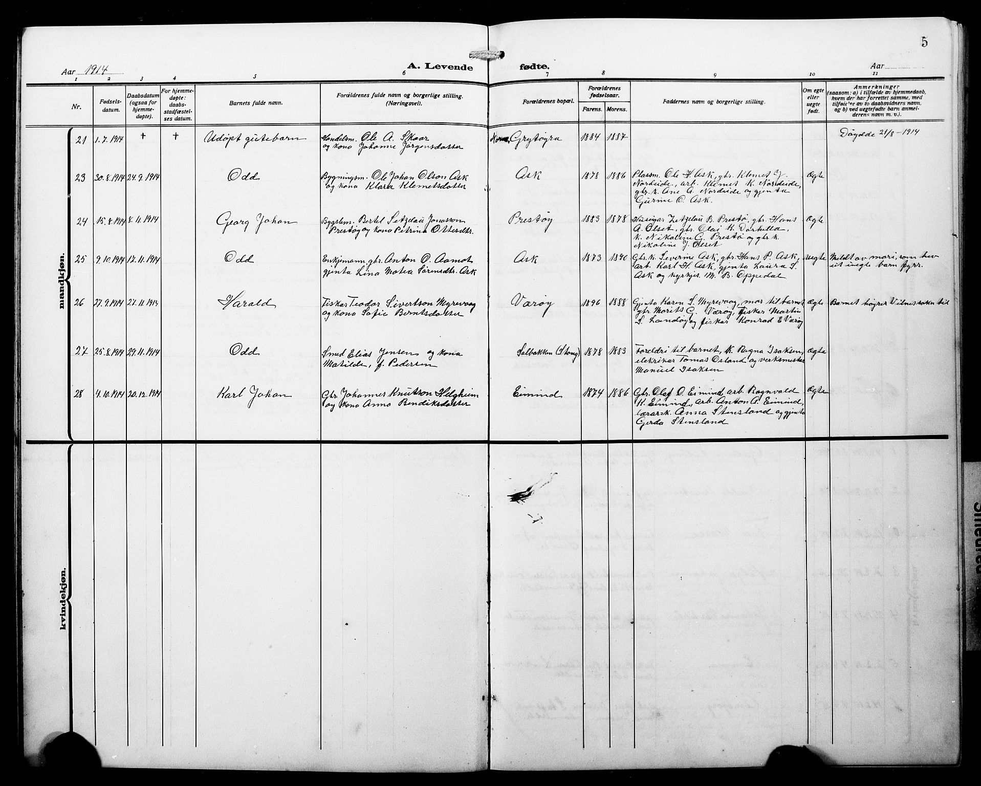 Askvoll sokneprestembete, AV/SAB-A-79501/H/Hab/Haba/L0004: Parish register (copy) no. A 4, 1913-1929, p. 5
