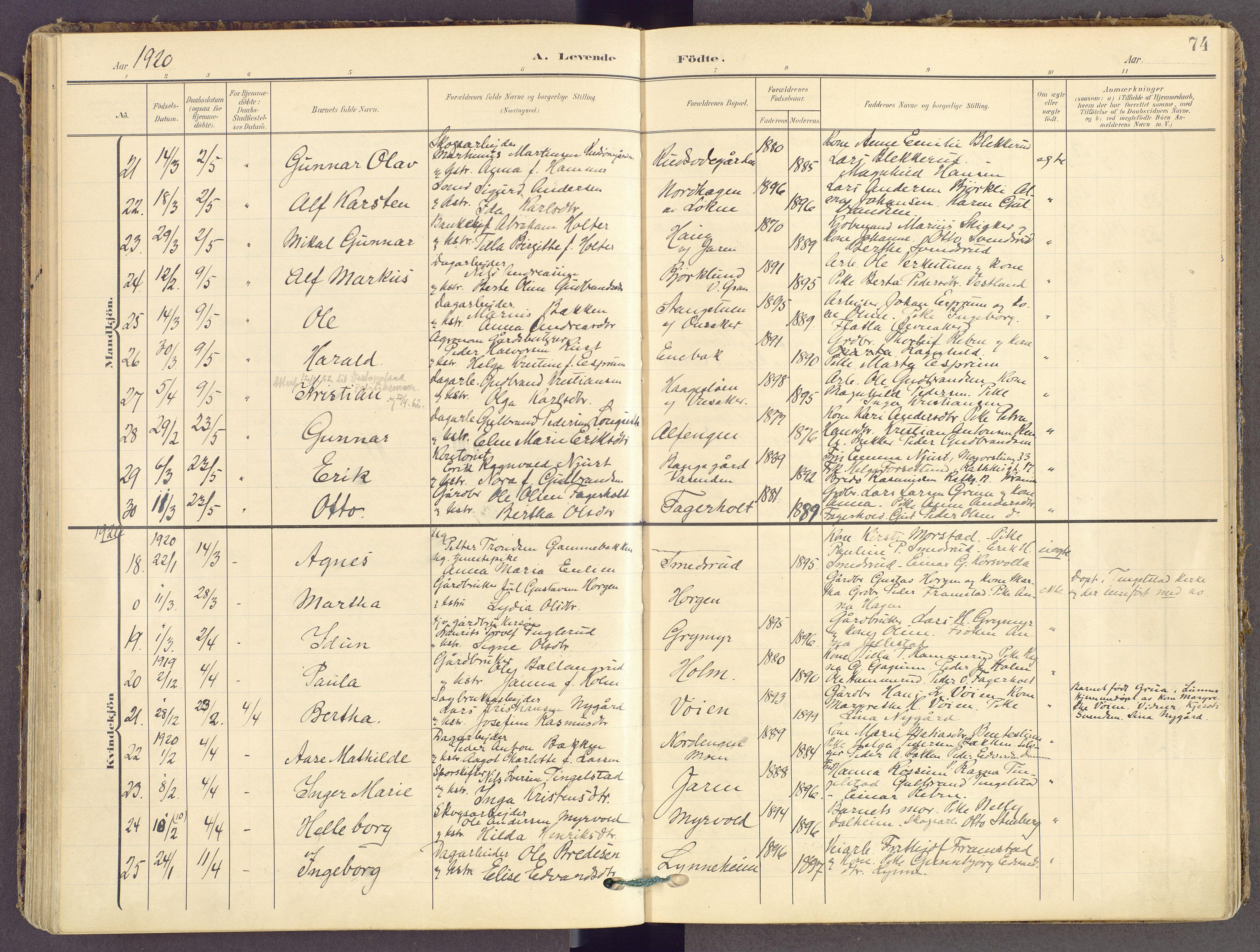 Gran prestekontor, AV/SAH-PREST-112/H/Ha/Haa/L0021: Parish register (official) no. 21, 1908-1932, p. 74