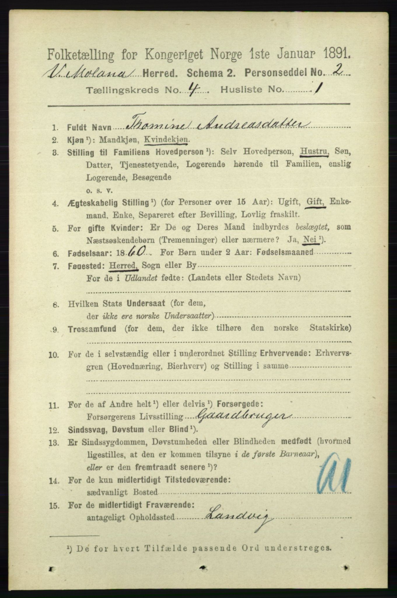 RA, 1891 census for 0926 Vestre Moland, 1891, p. 1225