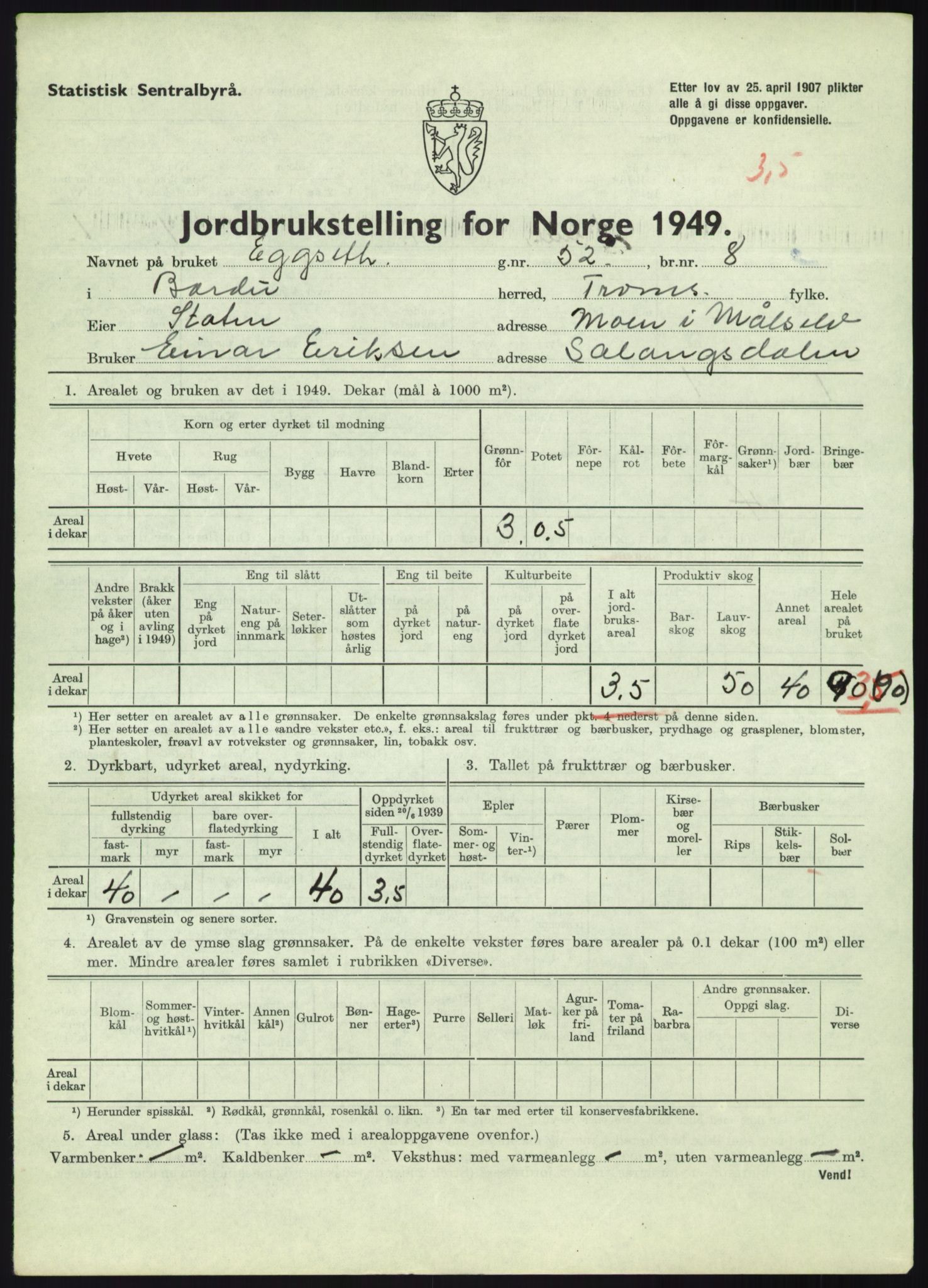Statistisk sentralbyrå, Næringsøkonomiske emner, Jordbruk, skogbruk, jakt, fiske og fangst, AV/RA-S-2234/G/Gc/L0438: Troms: Salangen og Bardu, 1949, p. 941