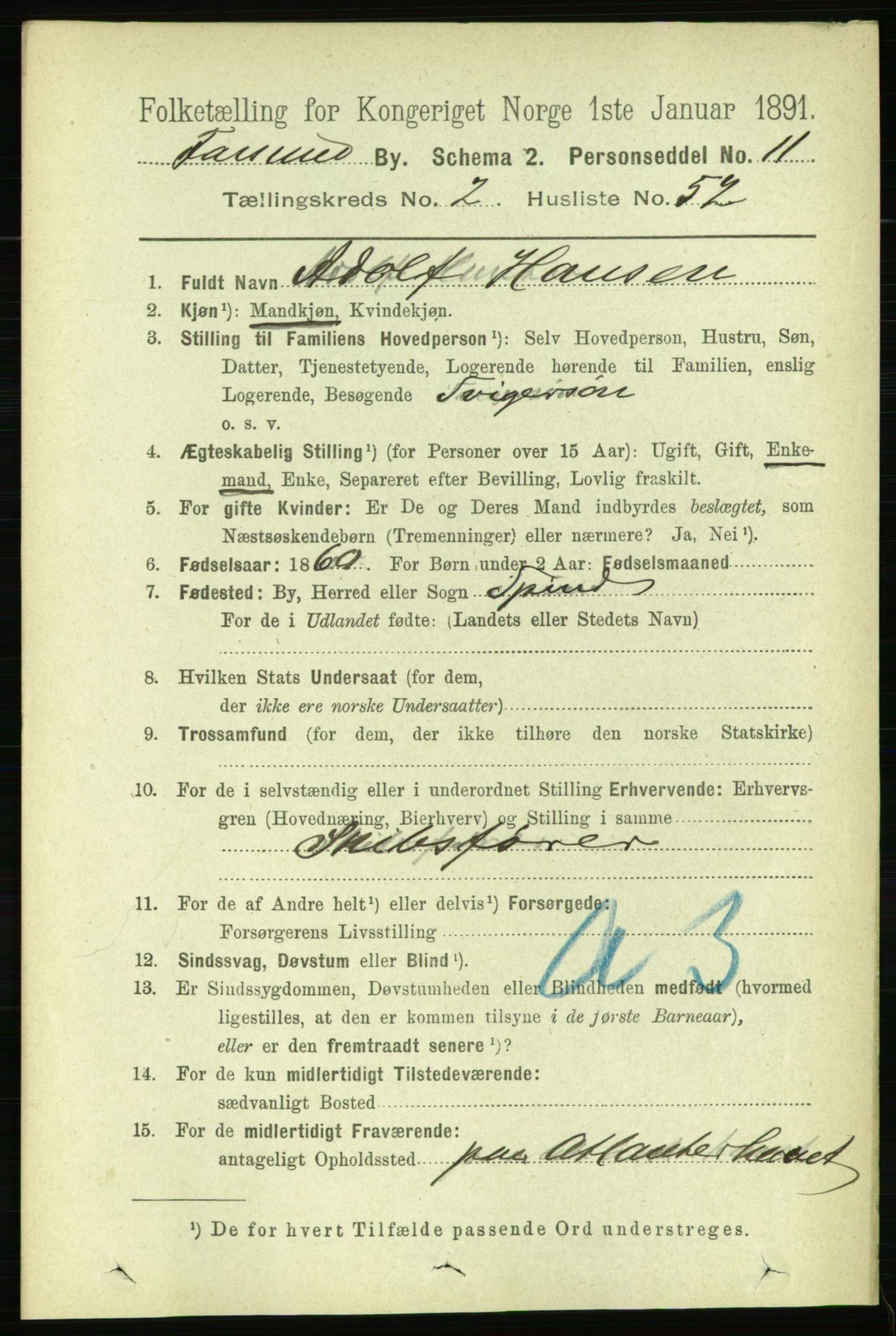 RA, 1891 census for 1003 Farsund, 1891, p. 1292