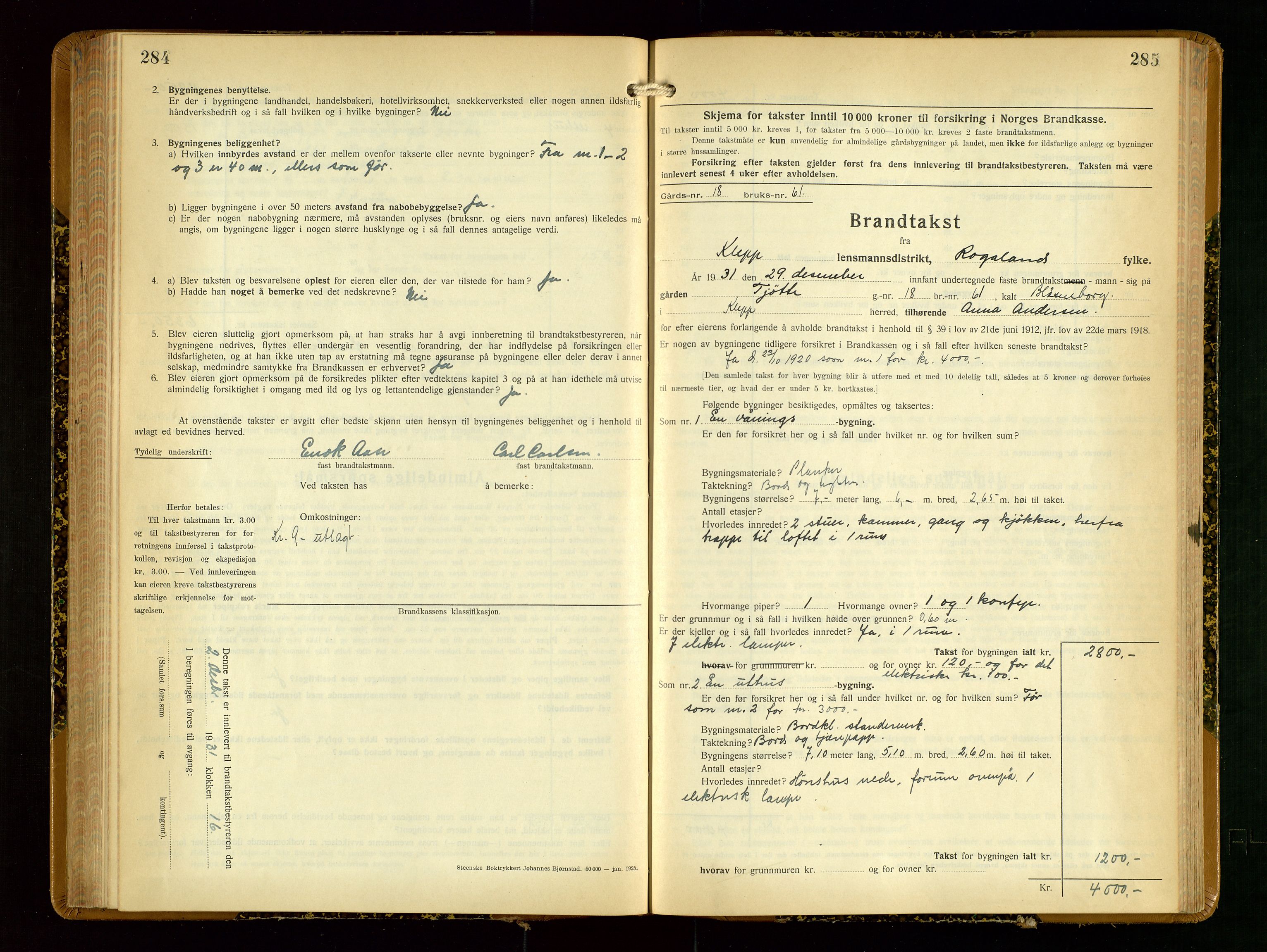 Klepp lensmannskontor, SAST/A-100163/Goc/L0012: "Brandtakstprotokoll" m/register, 1929-1933, p. 284-285