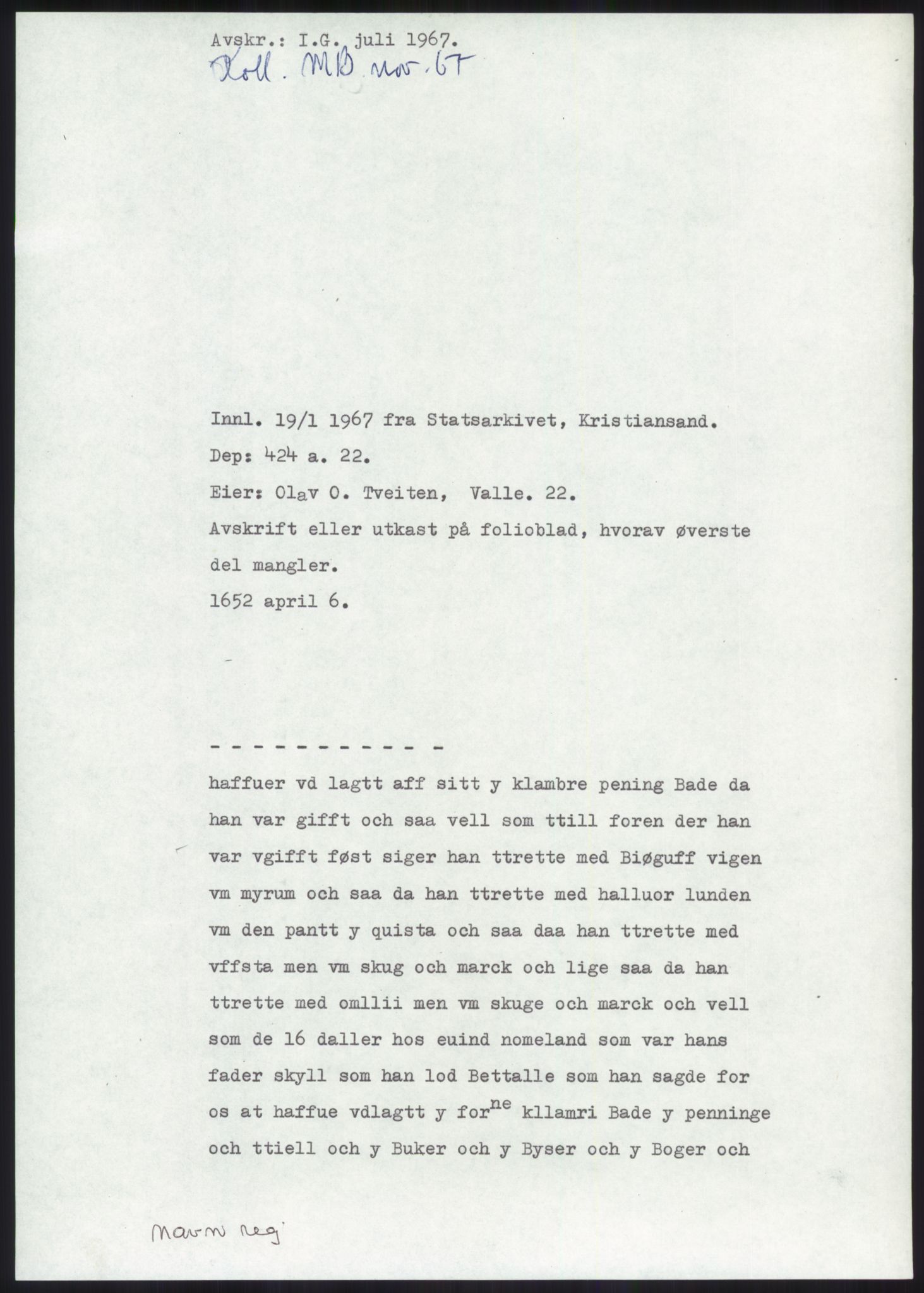 Samlinger til kildeutgivelse, Diplomavskriftsamlingen, AV/RA-EA-4053/H/Ha, p. 44