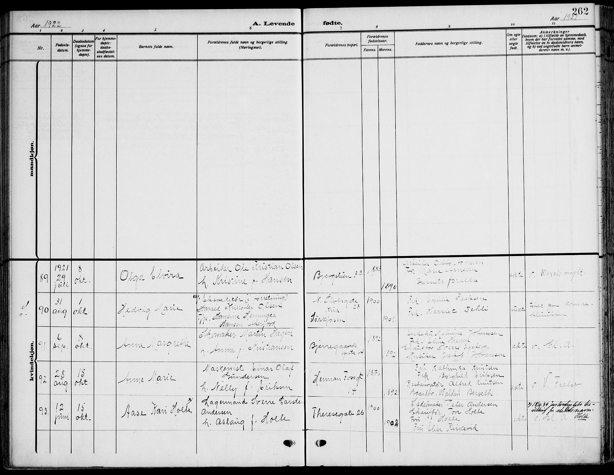 Gamle Aker prestekontor Kirkebøker, SAO/A-10617a/F/L0014: Parish register (official) no. 14, 1909-1924, p. 262