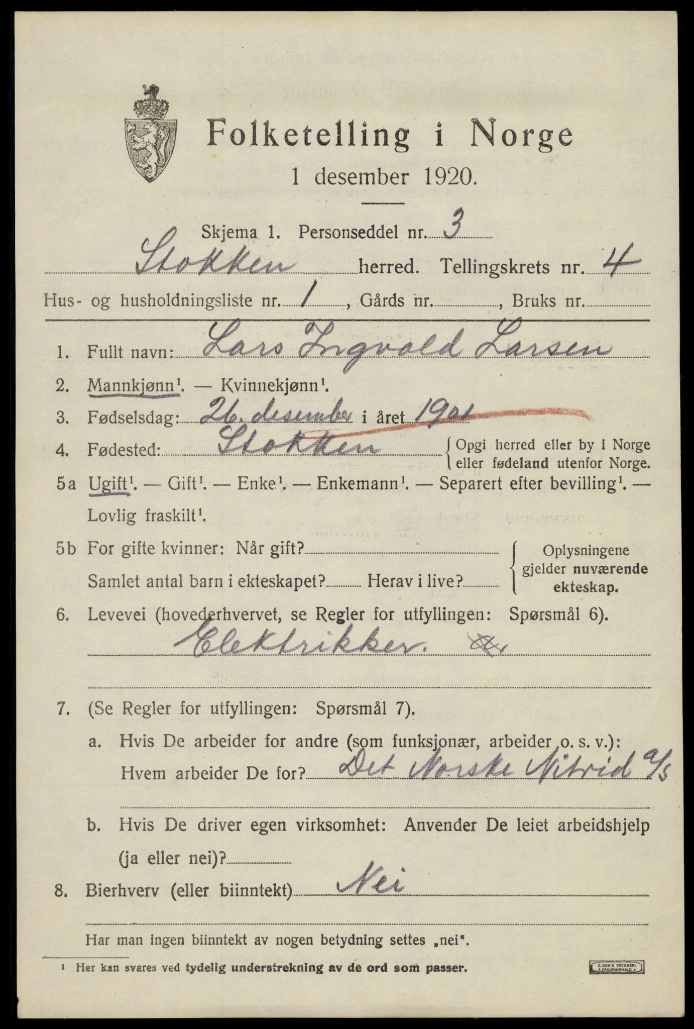 SAK, 1920 census for Stokken, 1920, p. 2460