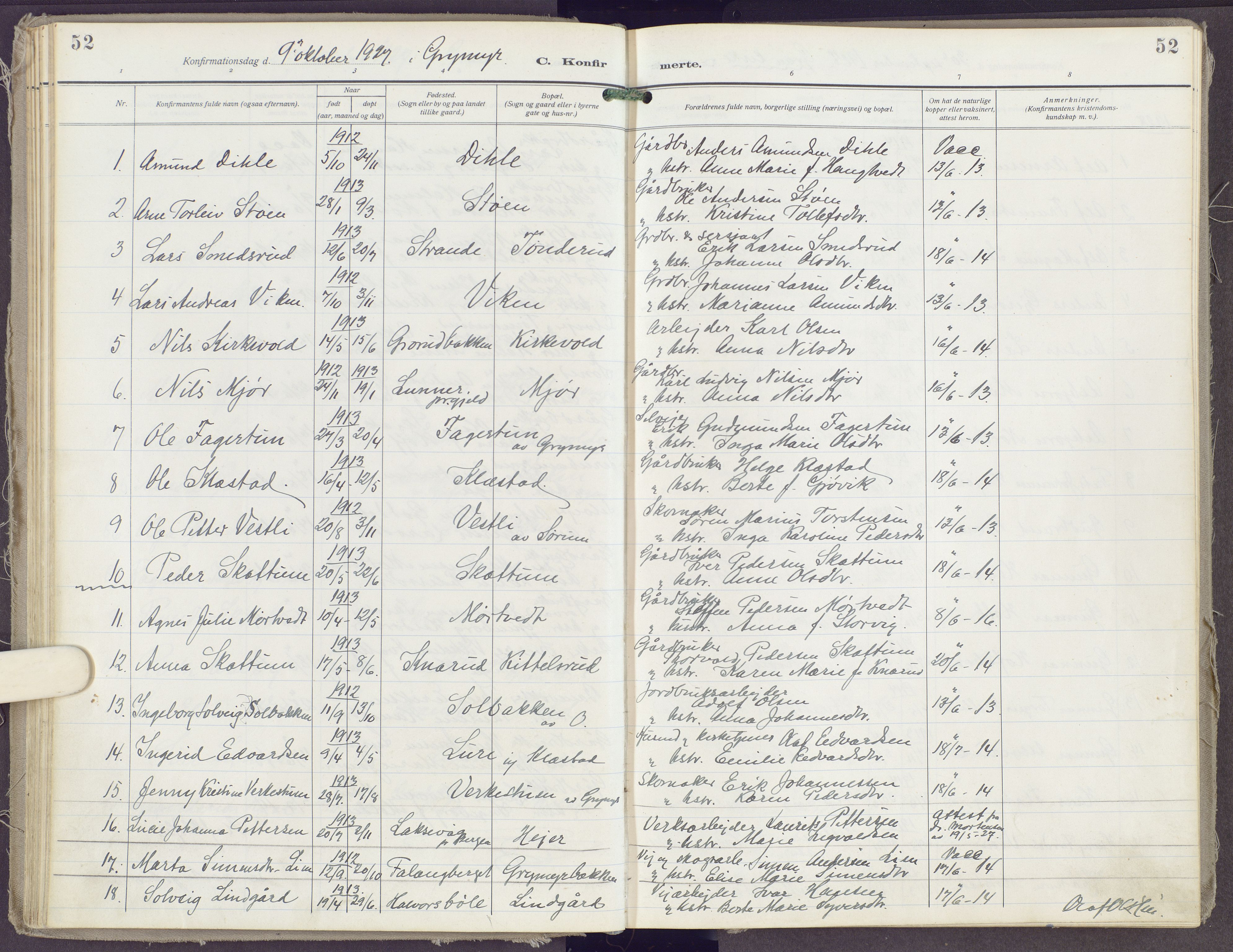Gran prestekontor, SAH/PREST-112/H/Ha/Haa/L0023: Parish register (official) no. 23, 1919-1938, p. 52