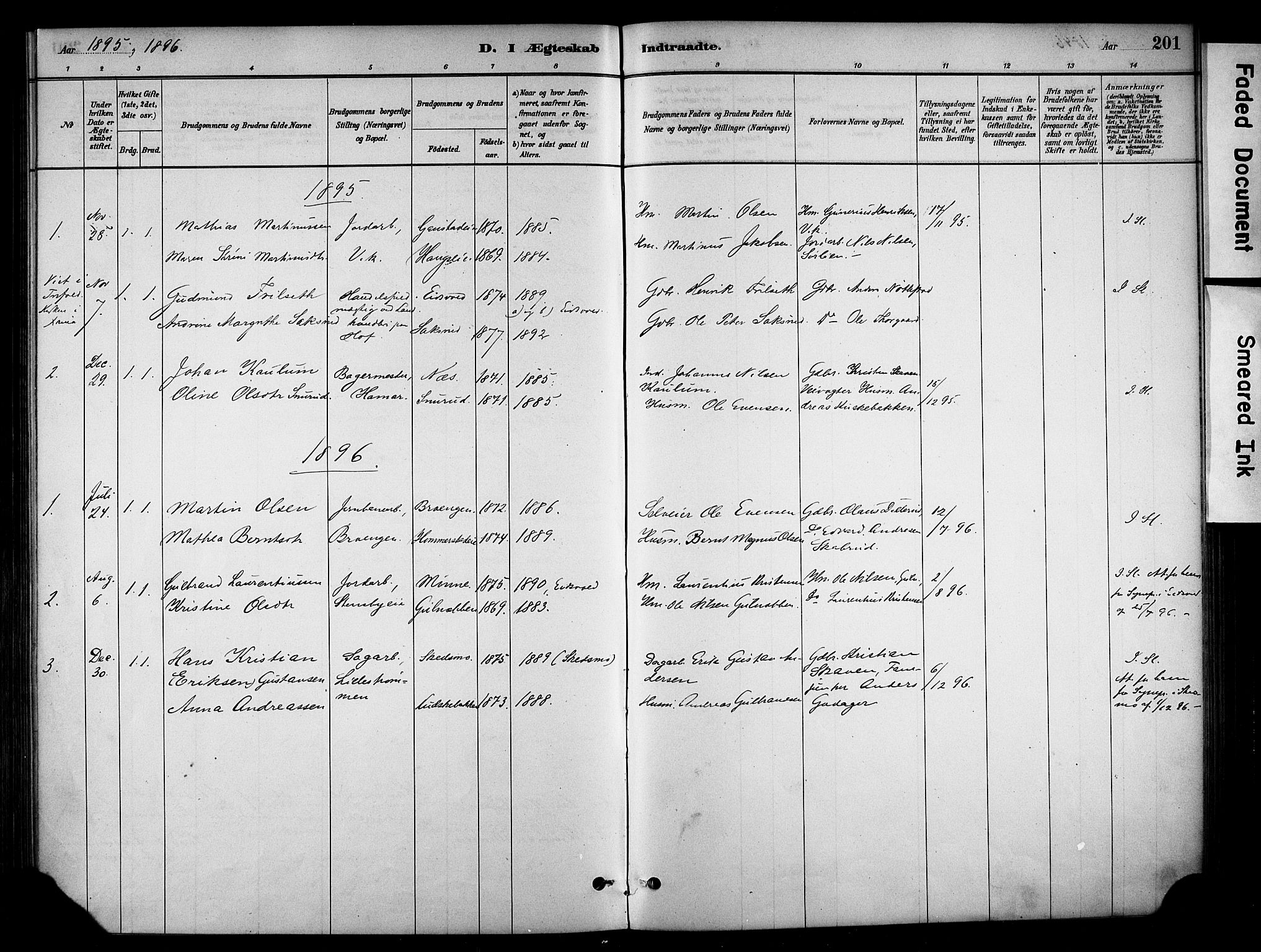 Stange prestekontor, SAH/PREST-002/K/L0018: Parish register (official) no. 18, 1880-1896, p. 201
