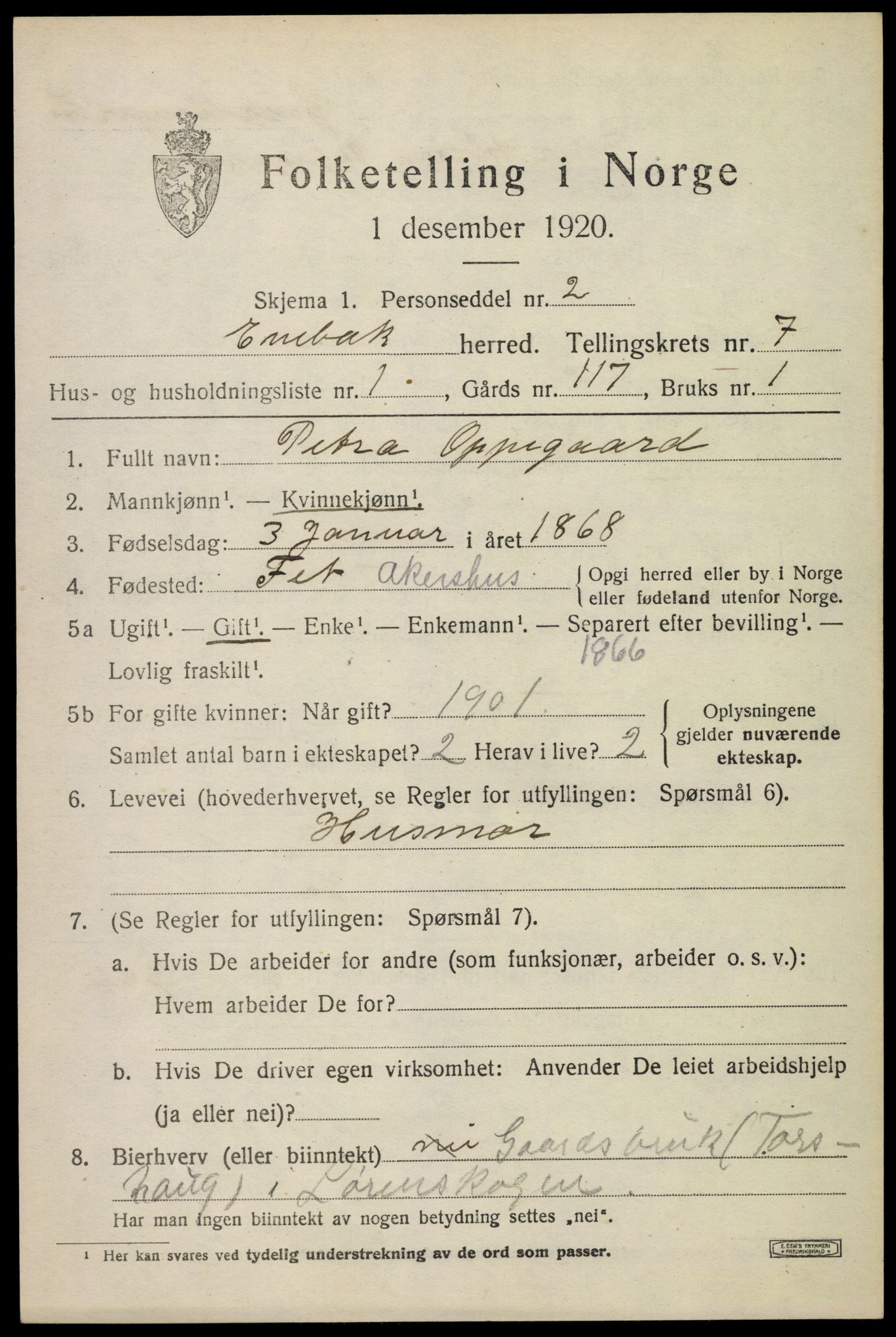 SAO, 1920 census for Enebakk, 1920, p. 6089