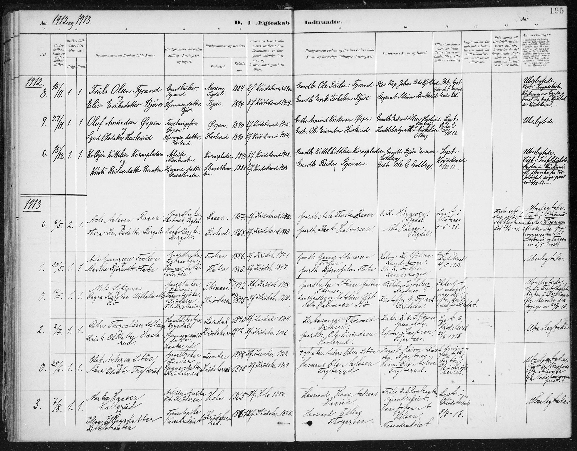 Krødsherad kirkebøker, AV/SAKO-A-19/F/Fa/L0007: Parish register (official) no. 7, 1900-1915, p. 195