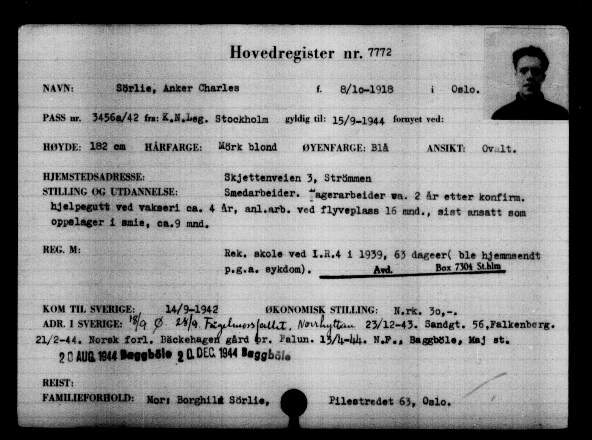 Utenriksstasjonene, Legasjonen i Stockholm, Flyktningkontoret, AV/RA-S-6753/V/Va/L0005: Kjesäterkartoteket, flyktninger med registreringsnr. 6600-9417, 1940-1945, p. 1372