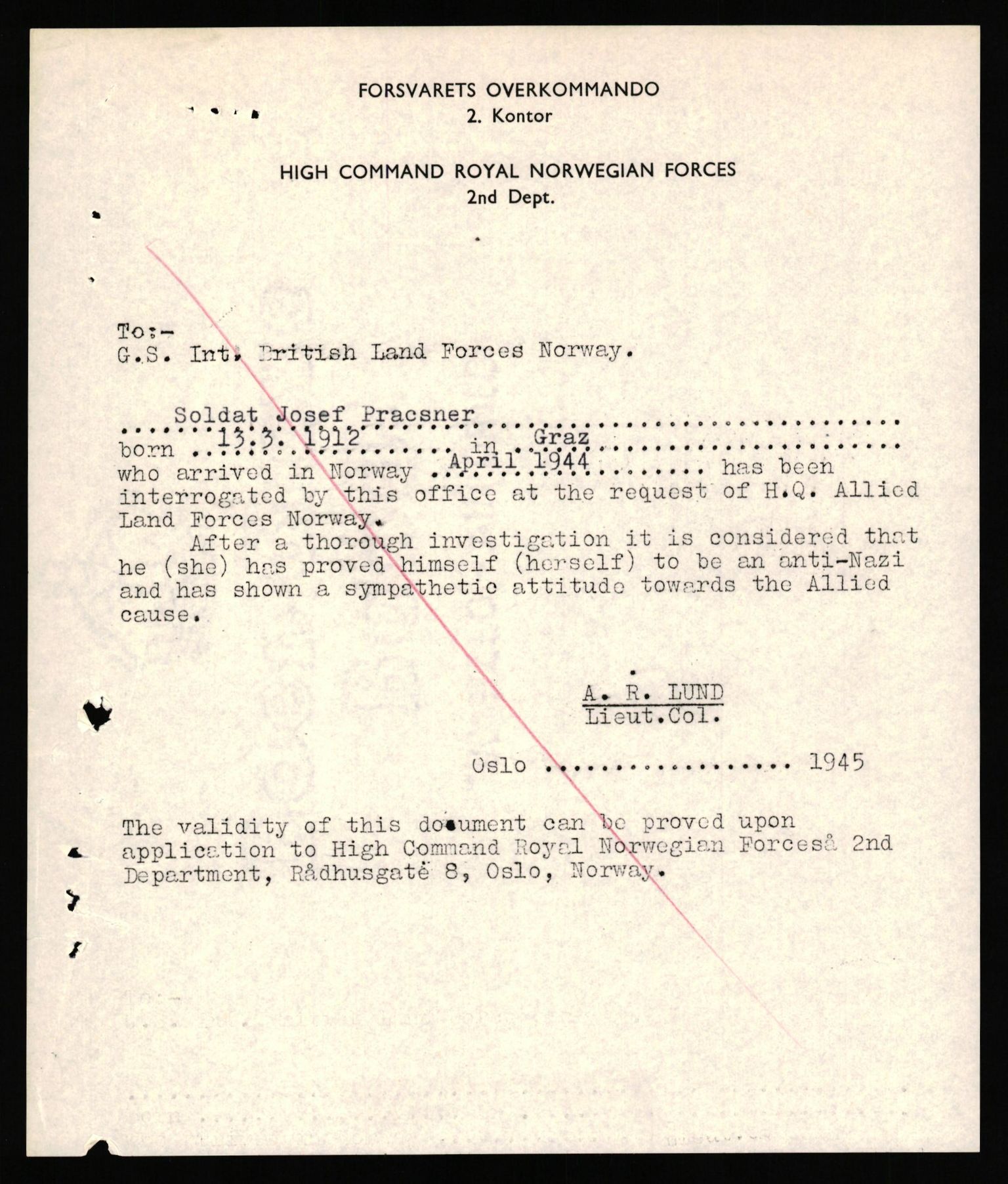 Forsvaret, Forsvarets overkommando II, AV/RA-RAFA-3915/D/Db/L0040: CI Questionaires. Tyske okkupasjonsstyrker i Norge. Østerrikere., 1945-1946, p. 71