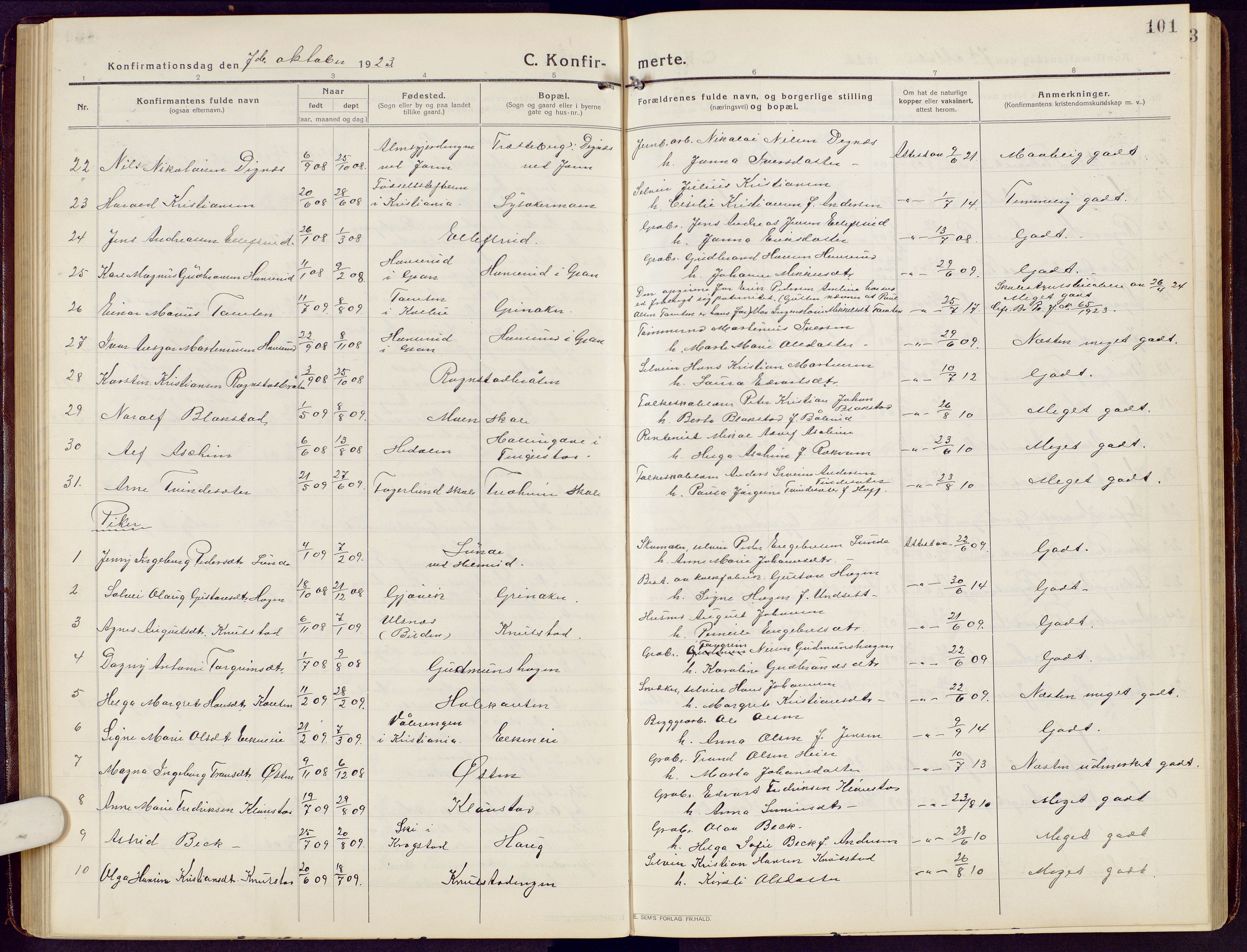 Brandbu prestekontor, AV/SAH-PREST-114/H/Ha/Hab/L0010: Parish register (copy) no. 10, 1916-1930, p. 101