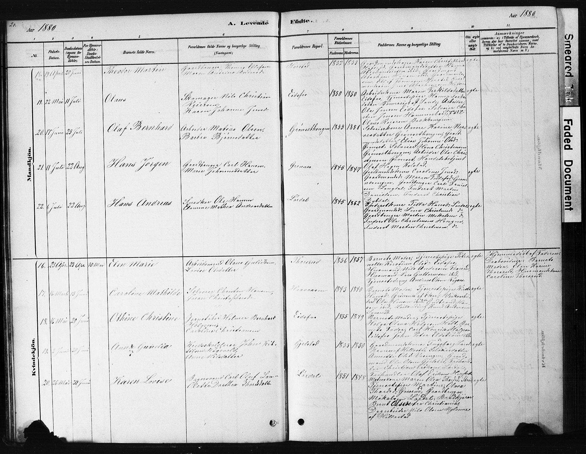 Hof kirkebøker, AV/SAKO-A-64/G/Ga/L0004: Parish register (copy) no. I 4, 1878-1930, p. 20