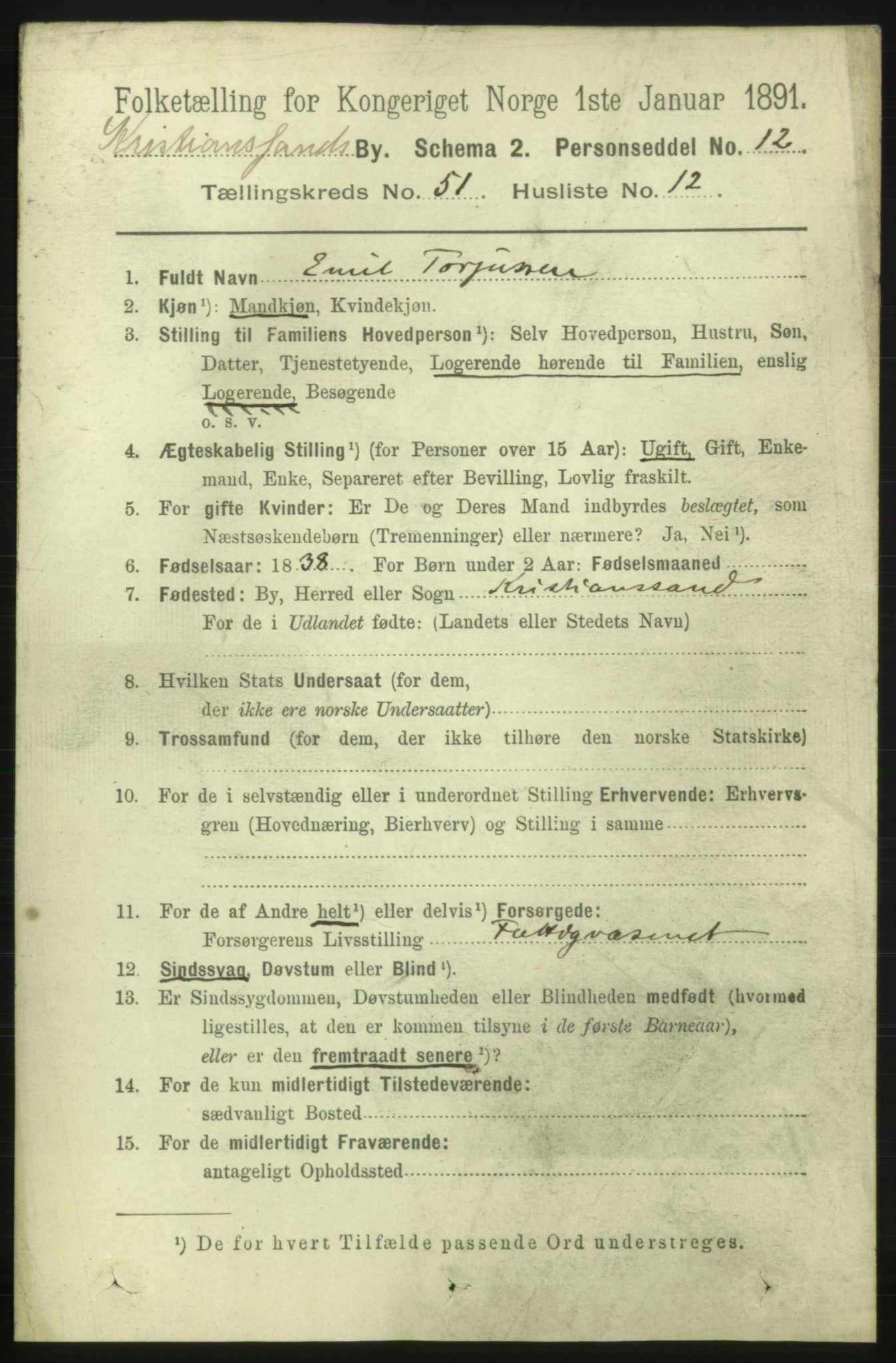 RA, 1891 census for 1001 Kristiansand, 1891, p. 15135