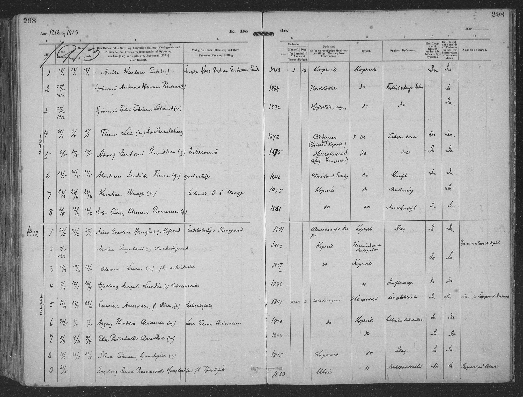 Kopervik sokneprestkontor, AV/SAST-A-101850/H/Ha/Haa/L0001: Parish register (official) no. A 1, 1880-1919, p. 298