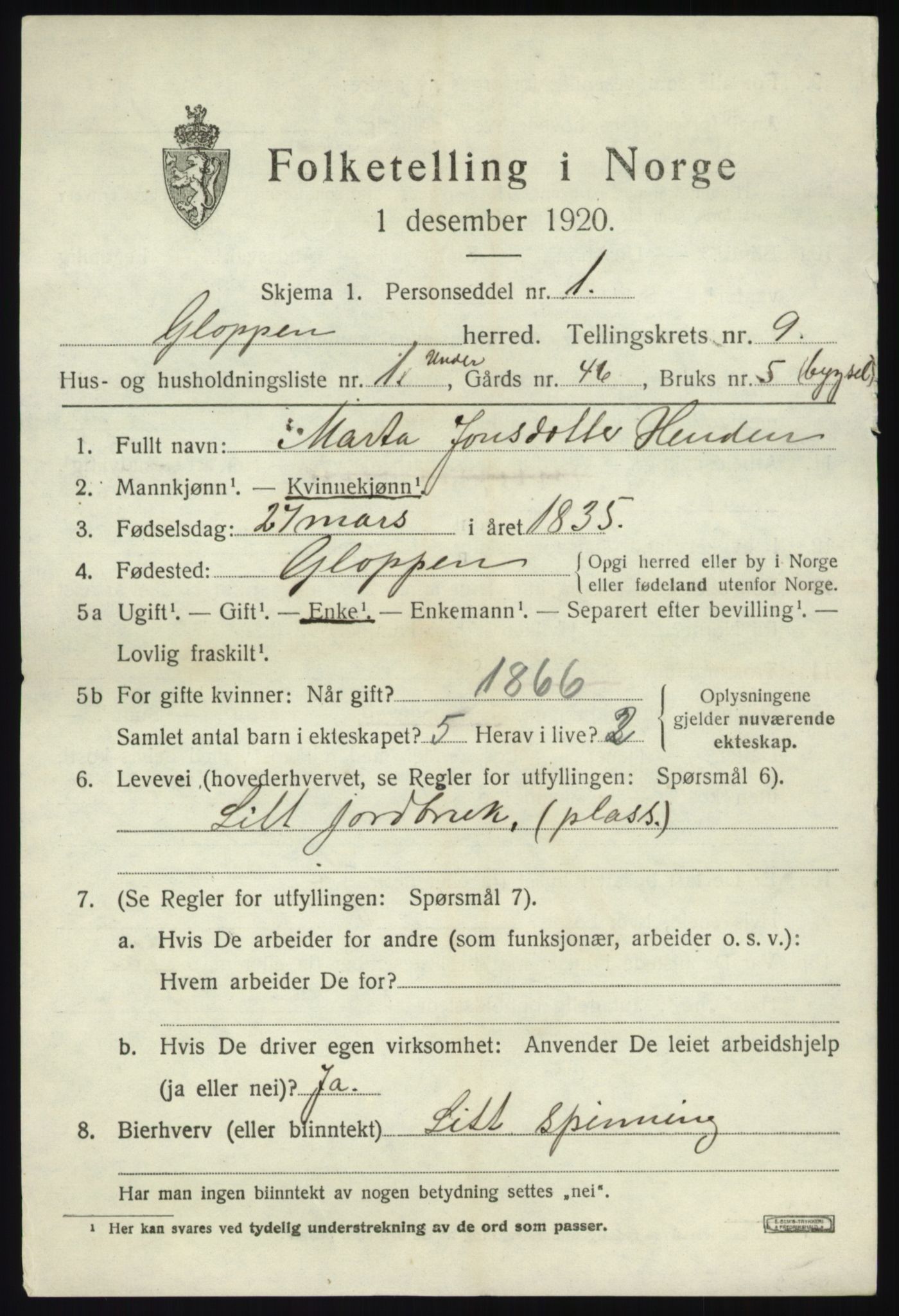 SAB, 1920 census for Gloppen, 1920, p. 4854