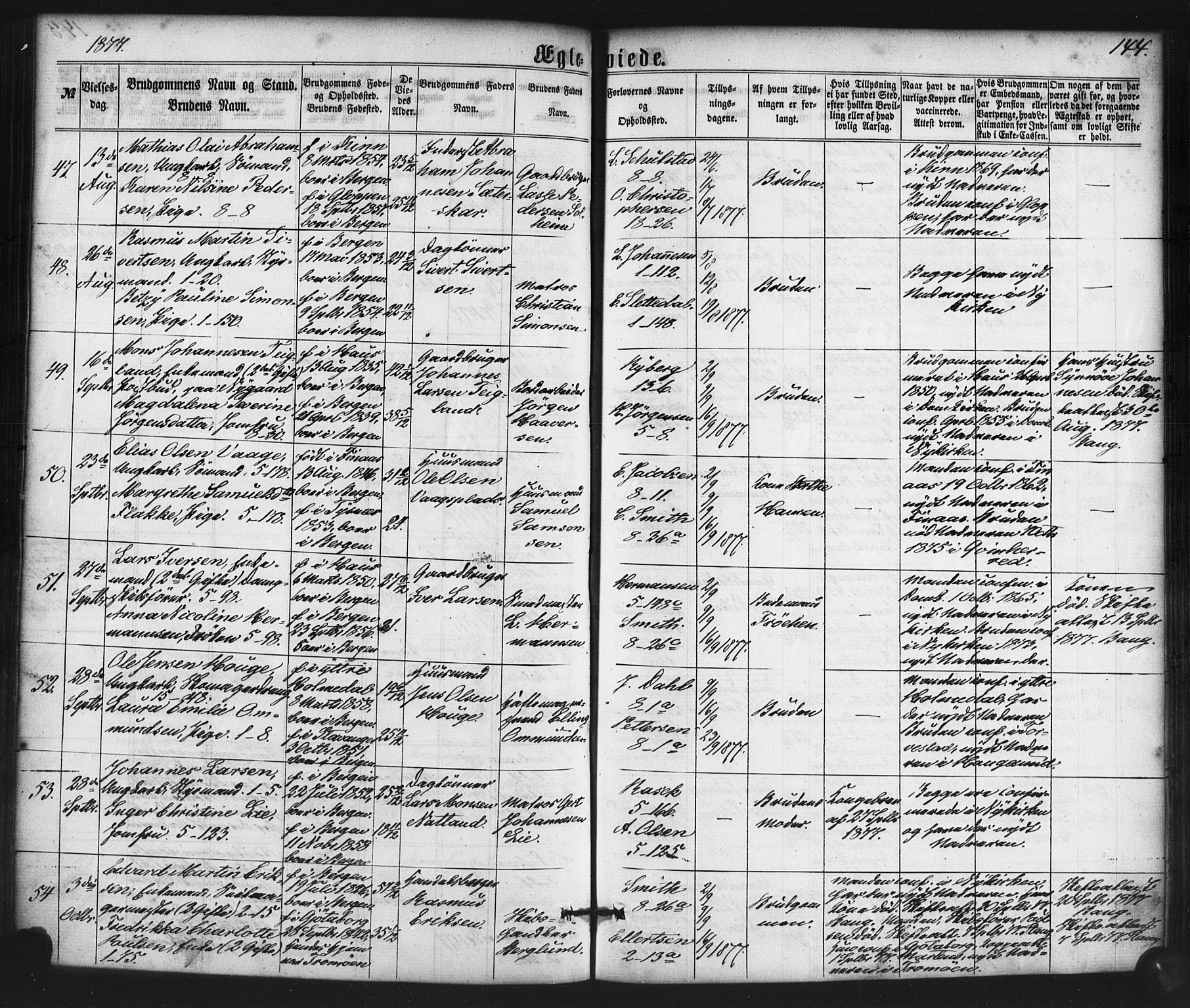 Nykirken Sokneprestembete, SAB/A-77101/H/Haa/L0032: Parish register (official) no. D 2, 1861-1883, p. 144