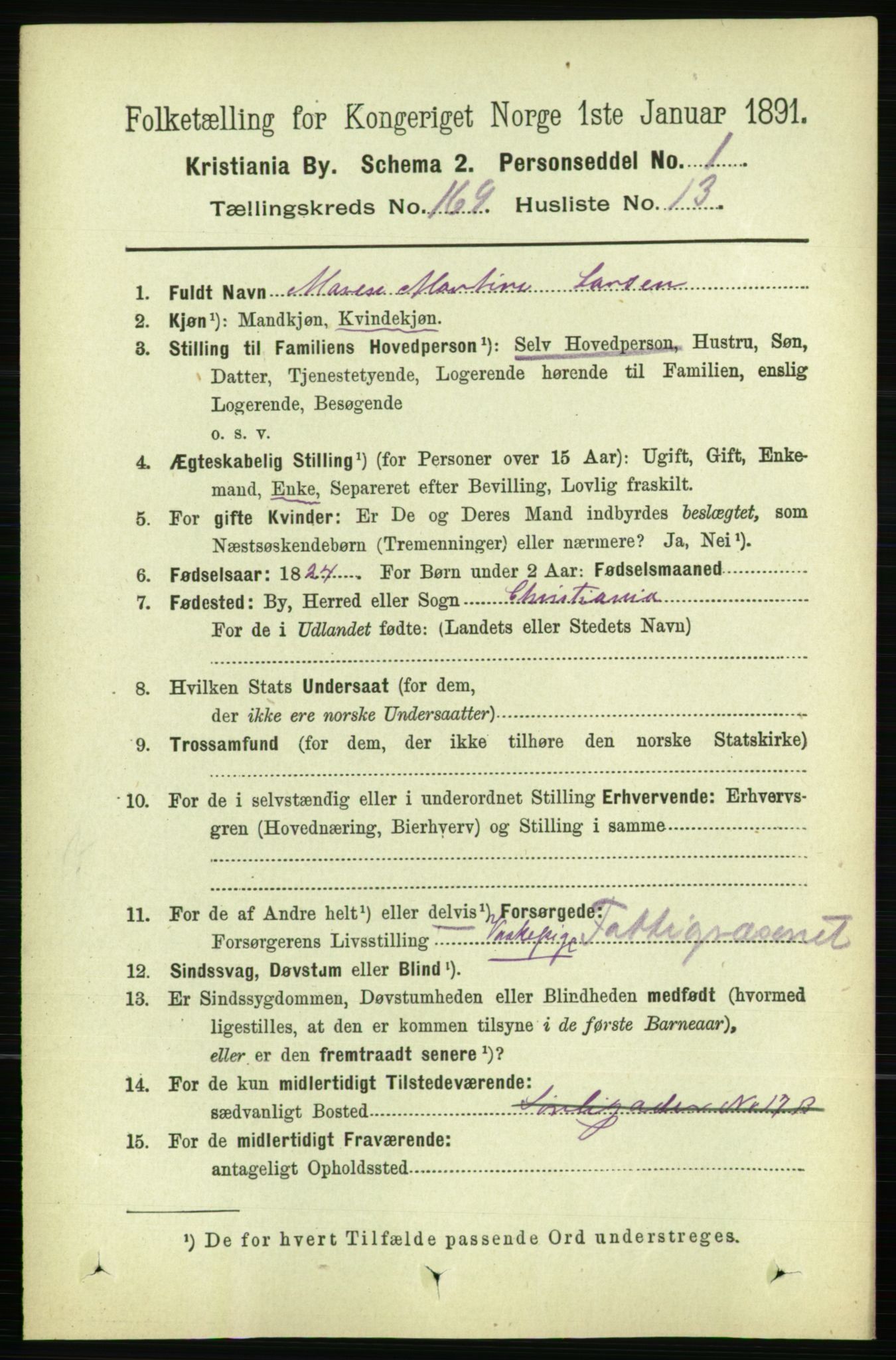 RA, 1891 census for 0301 Kristiania, 1891, p. 99102