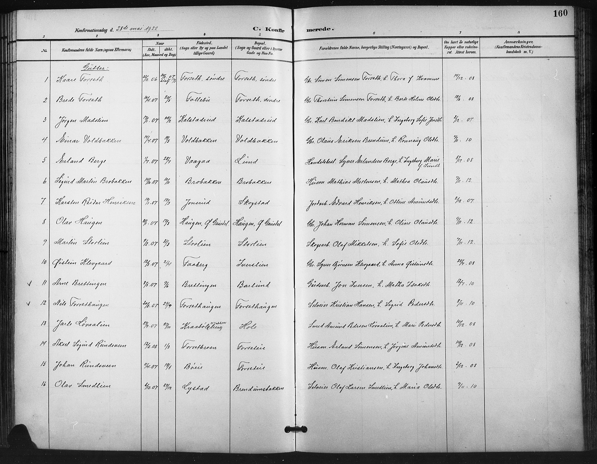 Vestre Gausdal prestekontor, SAH/PREST-094/H/Ha/Hab/L0003: Parish register (copy) no. 3, 1896-1925, p. 160