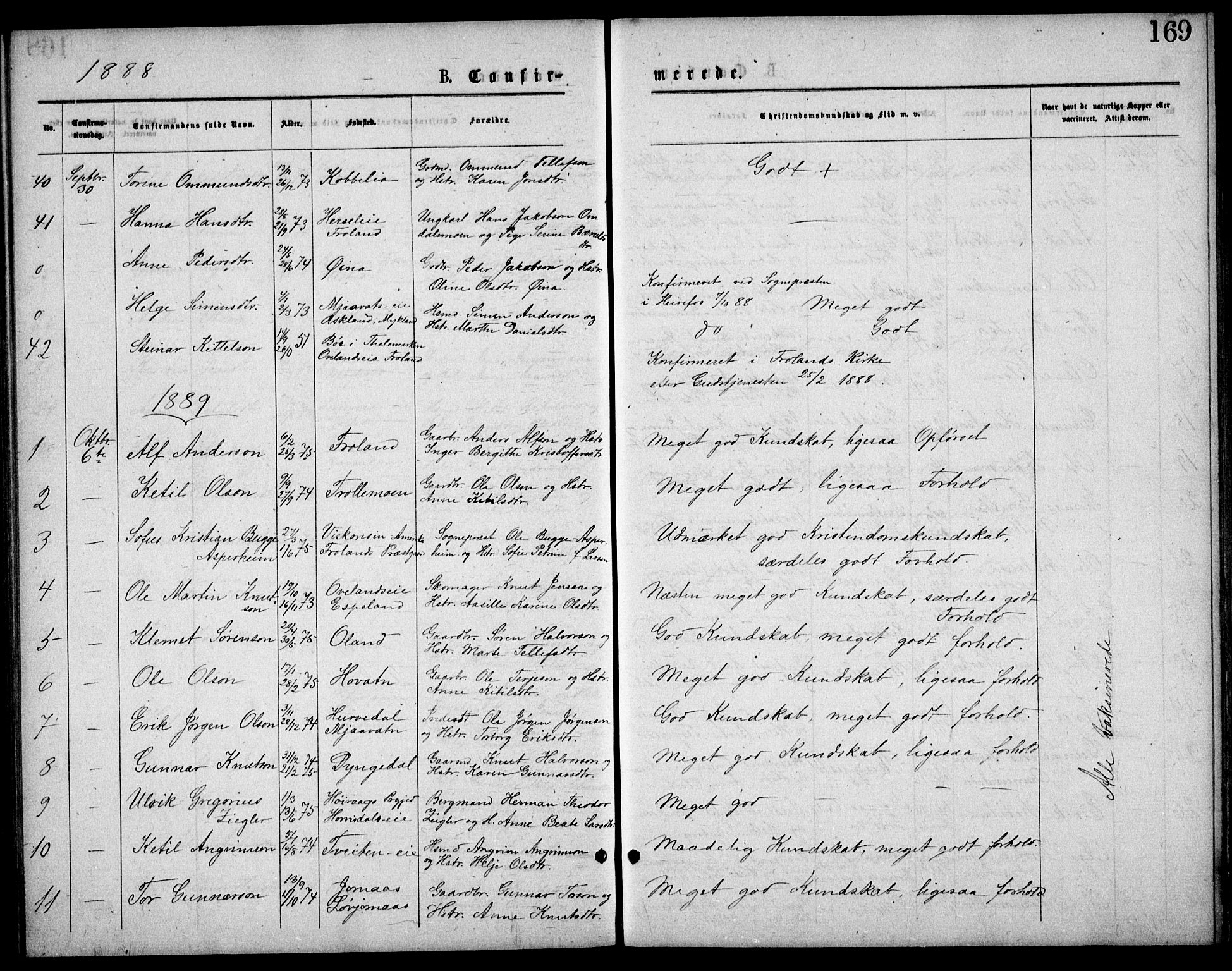 Froland sokneprestkontor, AV/SAK-1111-0013/F/Fb/L0009: Parish register (copy) no. B 9, 1875-1893, p. 169