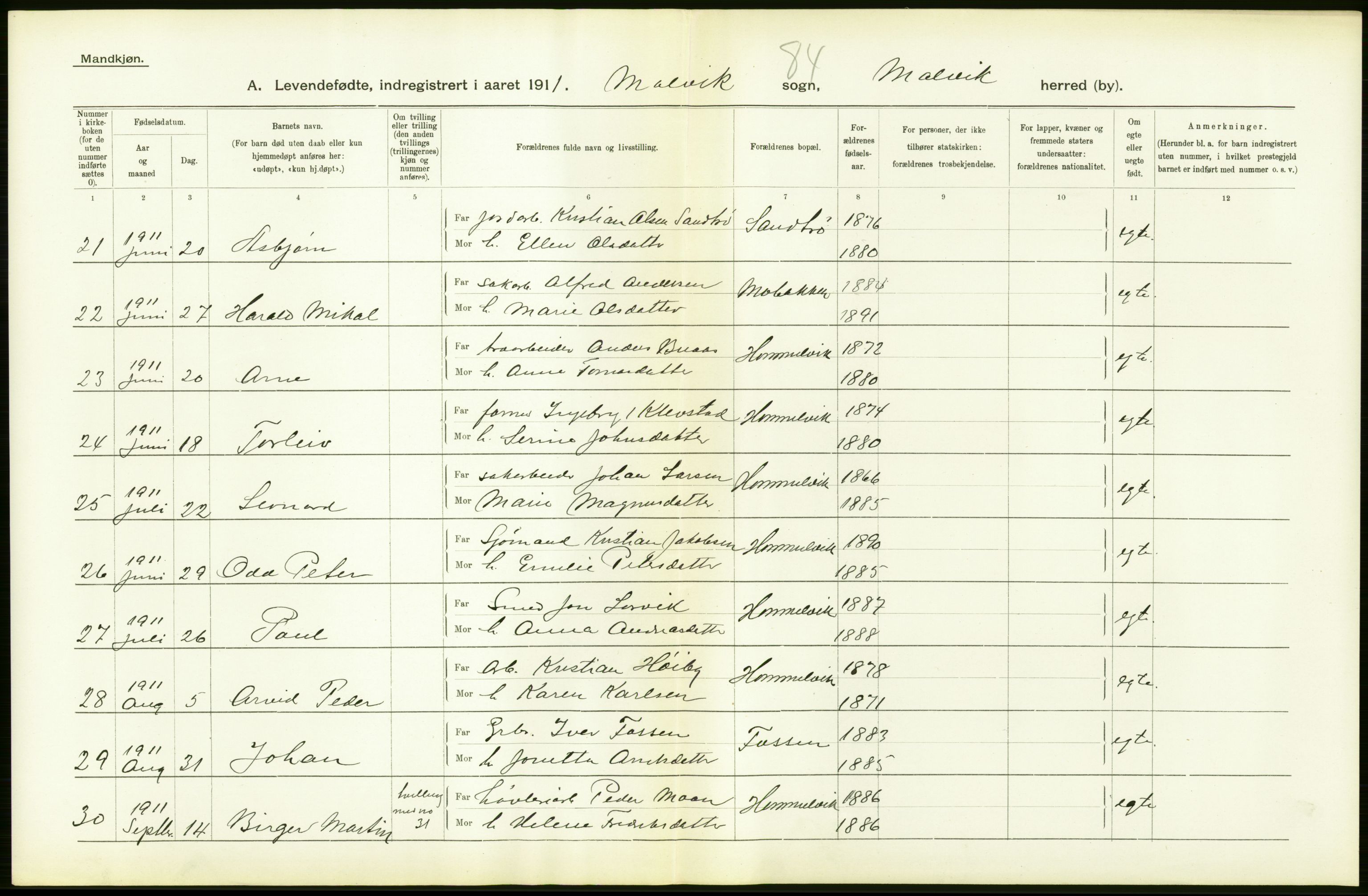 Statistisk sentralbyrå, Sosiodemografiske emner, Befolkning, AV/RA-S-2228/D/Df/Dfb/Dfba/L0039: S. Trondhjem amt:  Levendefødte menn og kvinner. Bygder., 1911, p. 50