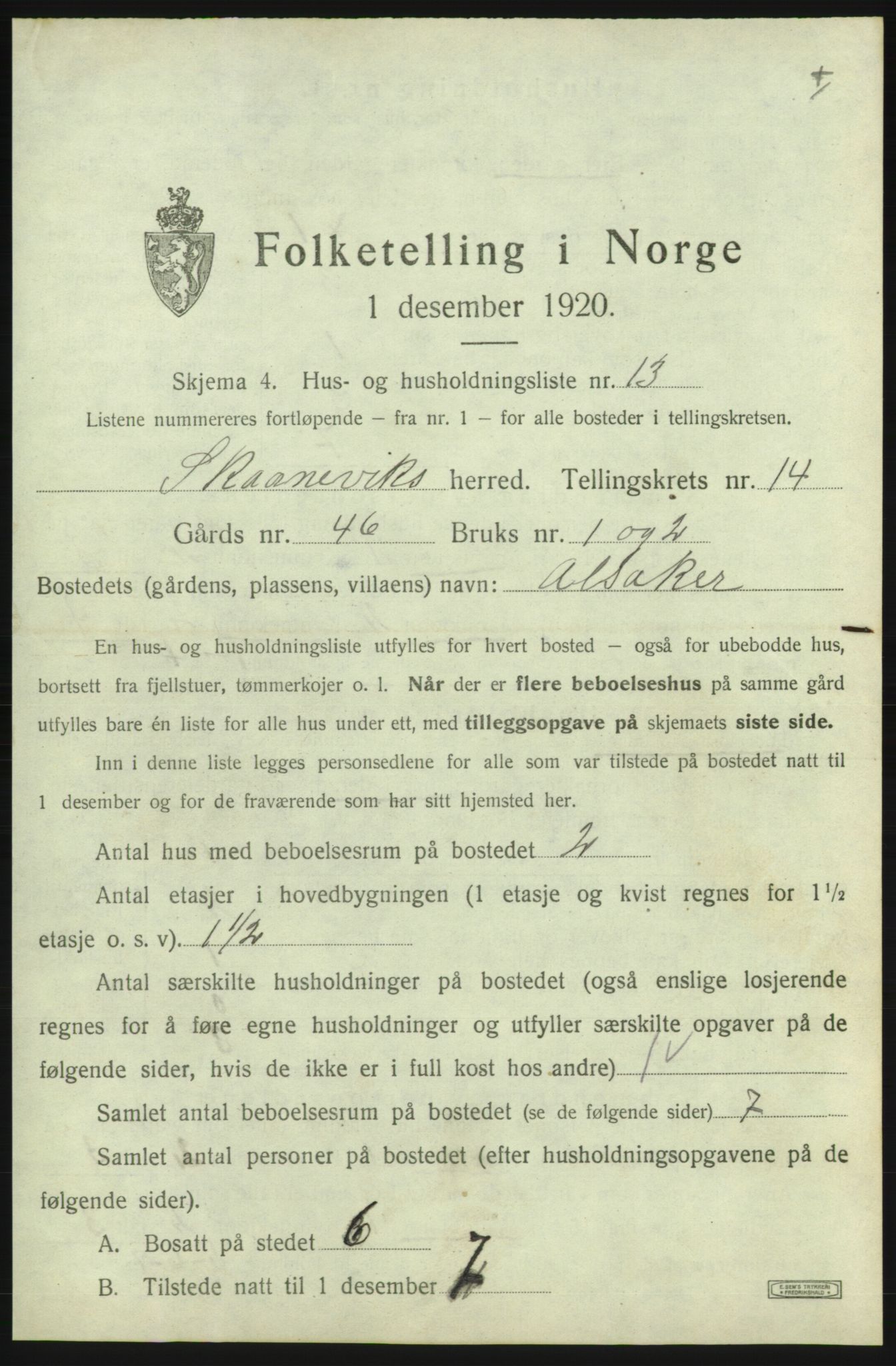 SAB, 1920 census for Skånevik, 1920, p. 1530