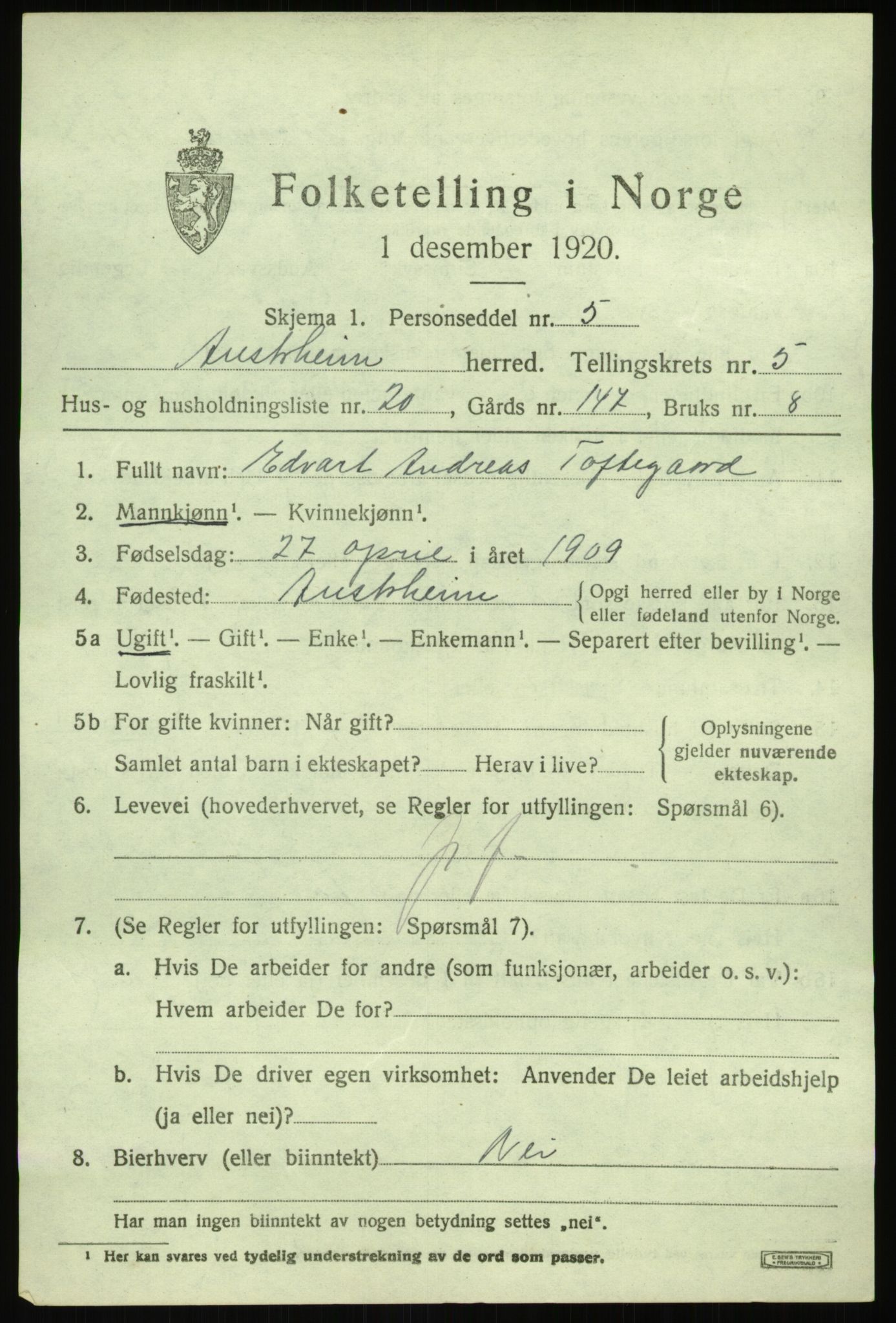 SAB, 1920 census for Austrheim, 1920, p. 2300