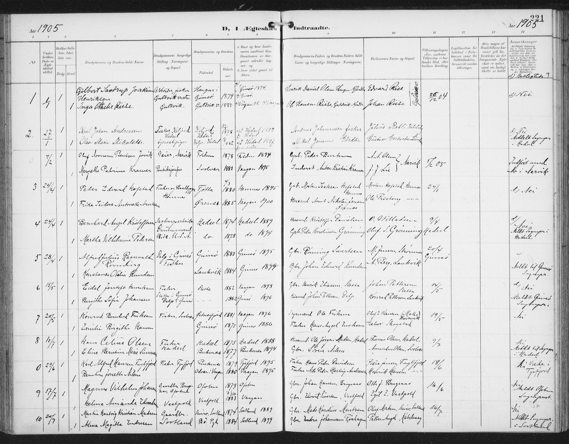 Ministerialprotokoller, klokkerbøker og fødselsregistre - Nordland, AV/SAT-A-1459/874/L1062: Parish register (official) no. 874A06, 1899-1907, p. 221