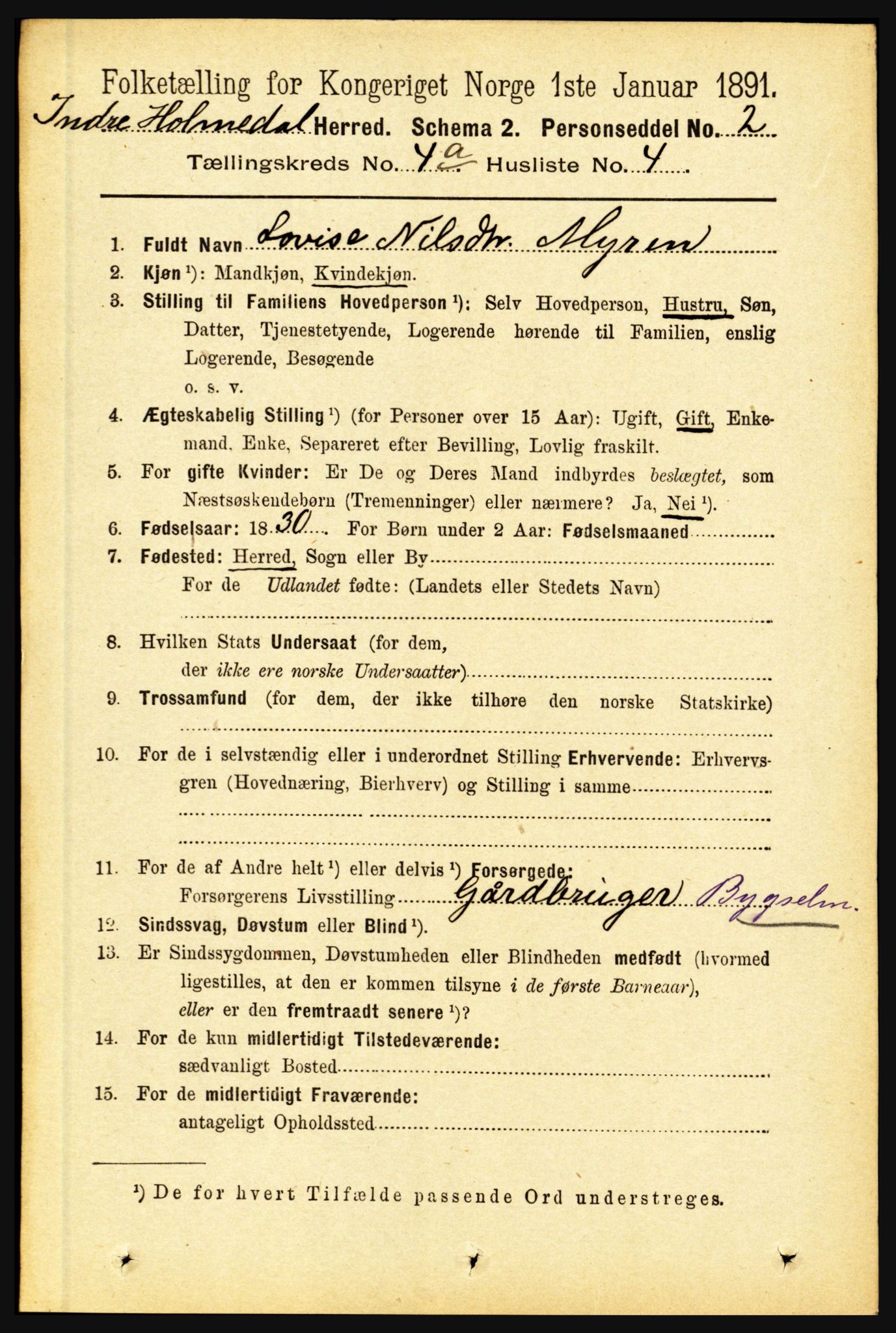 RA, 1891 census for 1430 Indre Holmedal, 1891, p. 1345