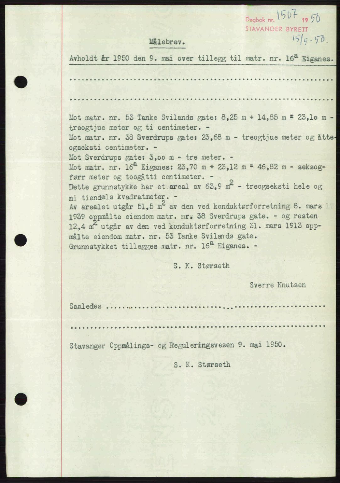 Stavanger byrett, SAST/A-100455/002/G/Gb/L0024: Mortgage book no. A13, 1949-1950, Diary no: : 1507/1950