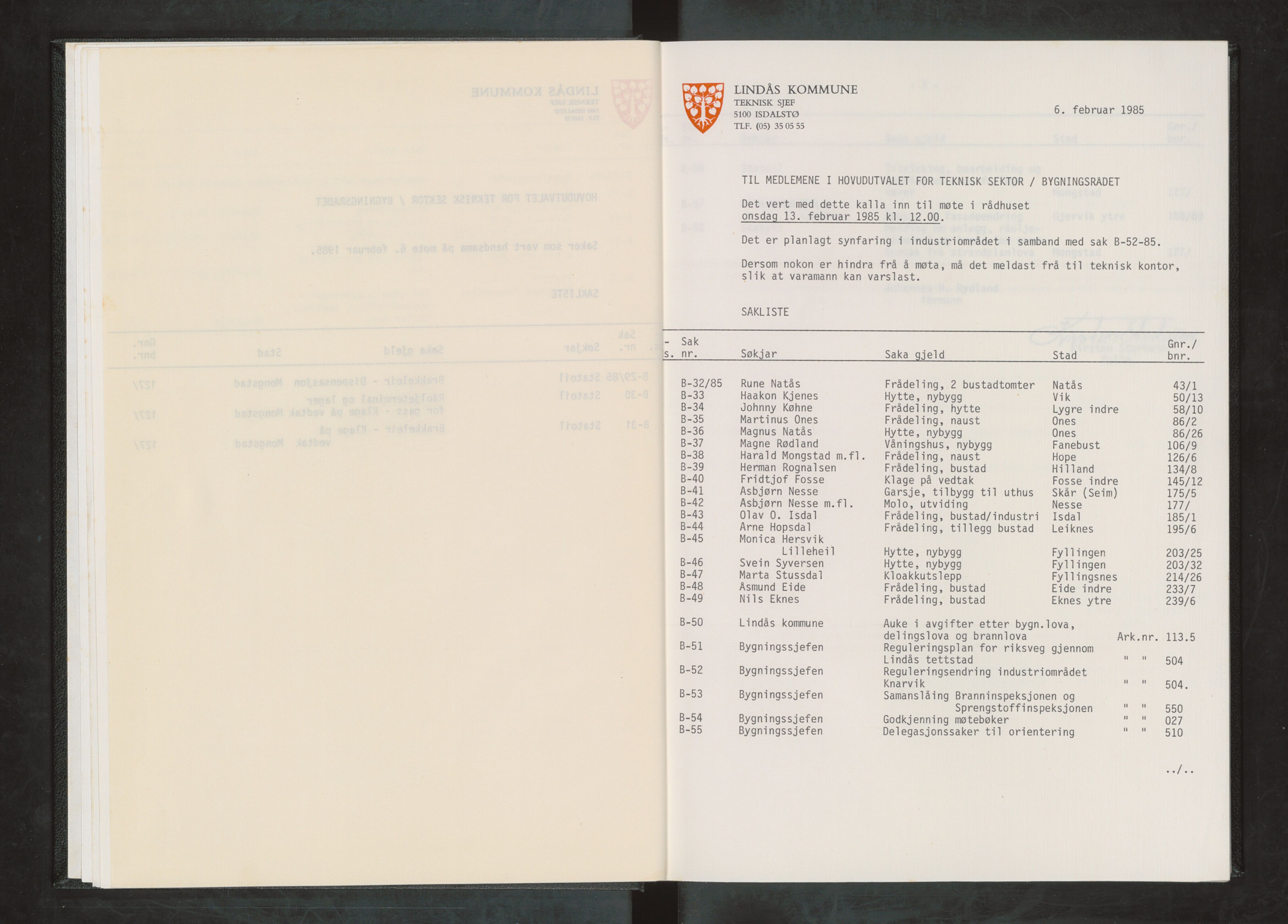 Lindås kommune. Bygningsrådet, IKAH/1263-511/A/Aa/L0054: Møtebok for Lindås bygningsråd, 1985