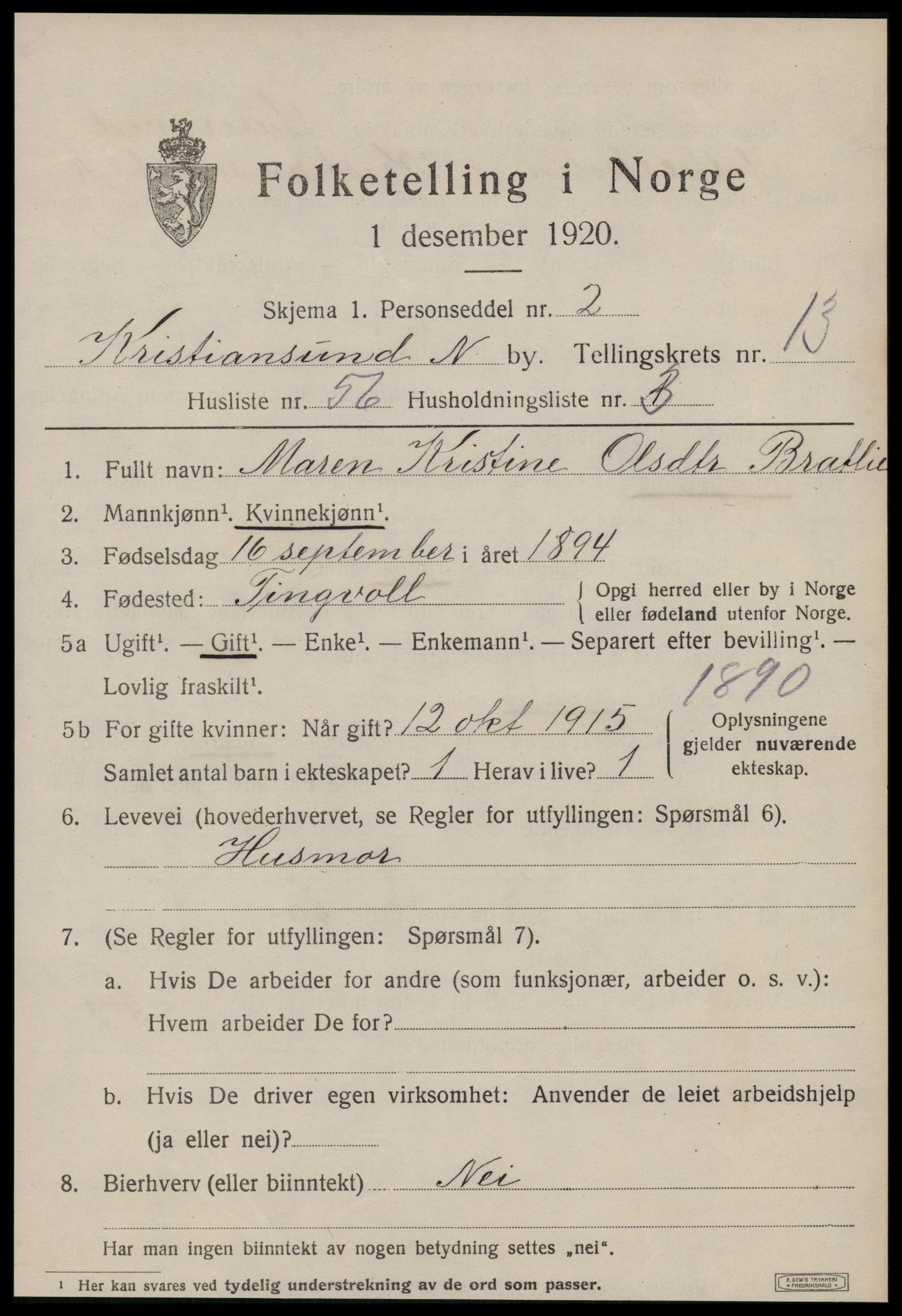 SAT, 1920 census for Kristiansund, 1920, p. 28131